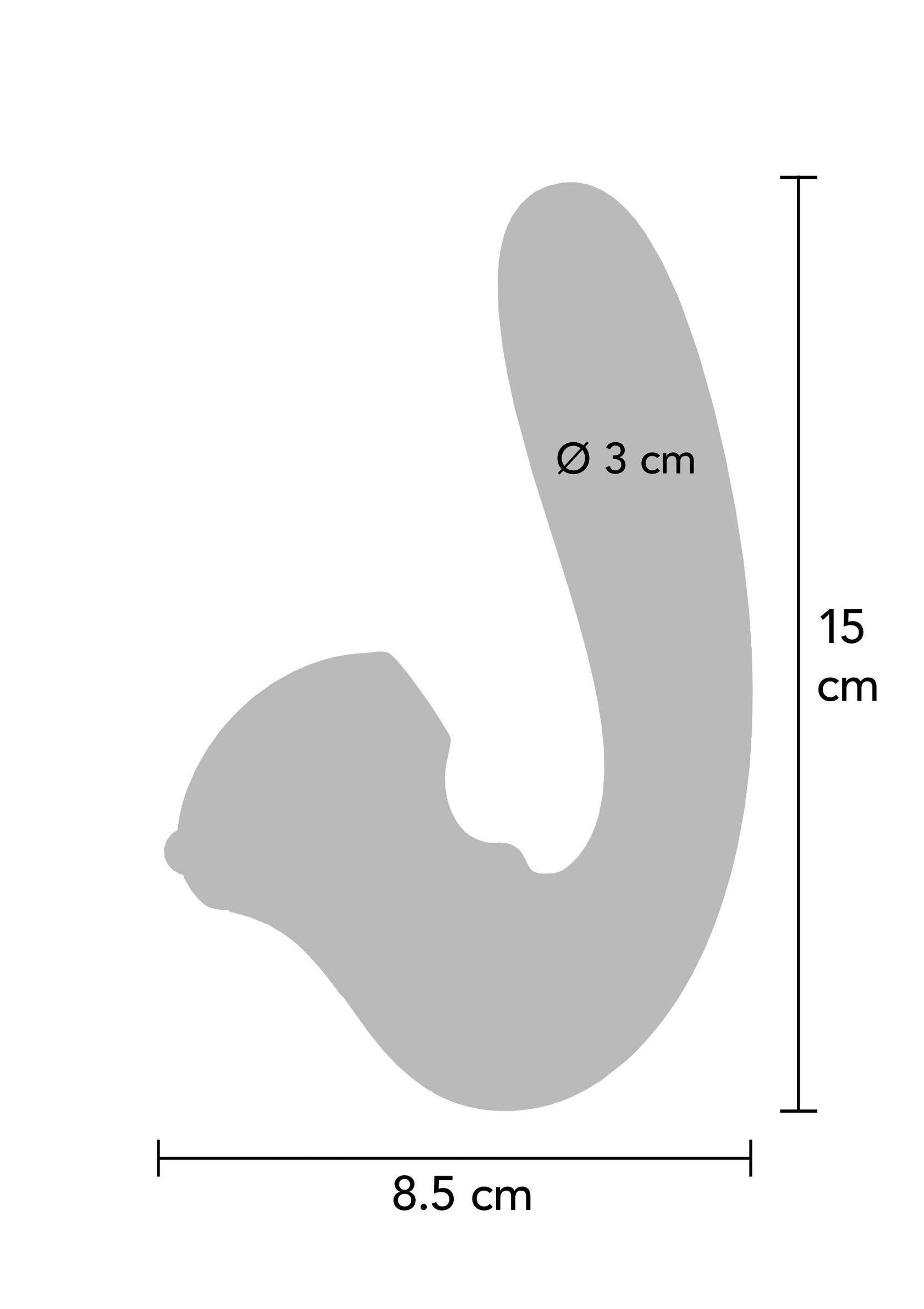 Schéma du jouet sexuel pour adultes avec les dimensions : 15 cm x 8,5 cm, diamètre de 3 cm.; Diagram van seksspeeltje voor volwassenen met afmetingen: 15cm x 8.5cm, diameter 3cm.; Diagram of adult sex toy with dimensions: 15cm x 8.5cm, 3cm diameter.