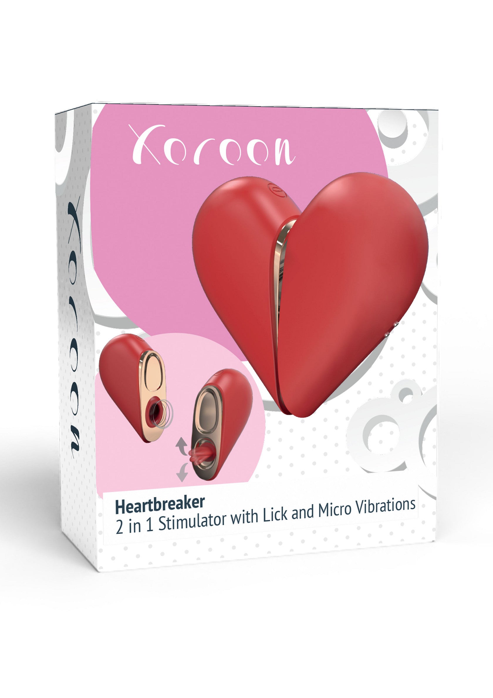 Koroon Heartbreaker, stimulateur 2 en 1 avec lèche et micro vibrations. Rouge passion pour un plaisir intense.; Koroon Heartbreaker, 2 in 1 stimulator met lik- en microvibraties. Rood hart design voor intens genot.; Koroon Heartbreaker, 2 in 1 stimulator with lick & micro vibrations. Red heart design for intense pleasure.