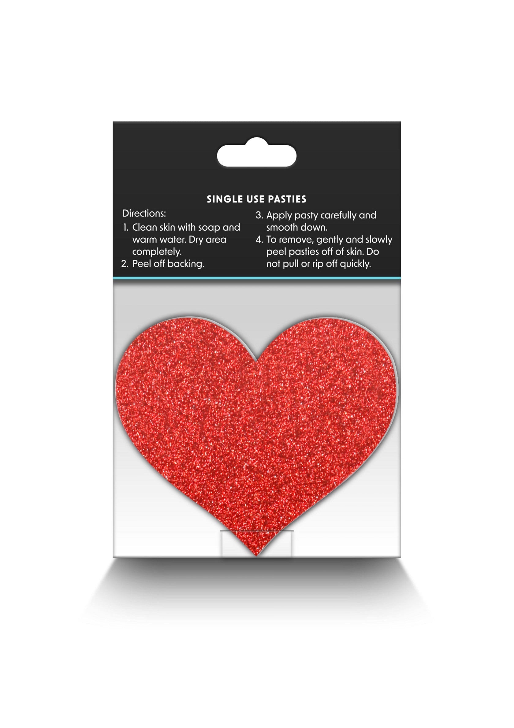 Cache-tétons à paillettes rouges en forme de coeur. Adhésifs à usage unique.; Rode glitter hartvormige tepelbedekkers. Voor eenmalig gebruik, zelfklevend.; Red glitter heart nipple pasties. Single use, self-adhesive.
