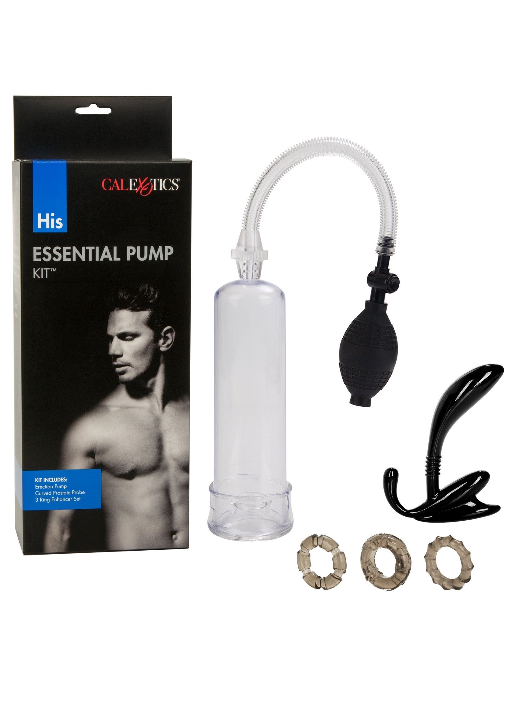 Kit de pompe pénienne CalExotics His Essential Pump Kit pour hommes. Augmentez votre plaisir avec cet ensemble complet.; CalExotics His Essential Pump Kit penispomp kit voor mannen. Verhoog je genot met deze complete set.; CalExotics His Essential Pump Kit penis pump kit for men. Increase your pleasure with this complete set.