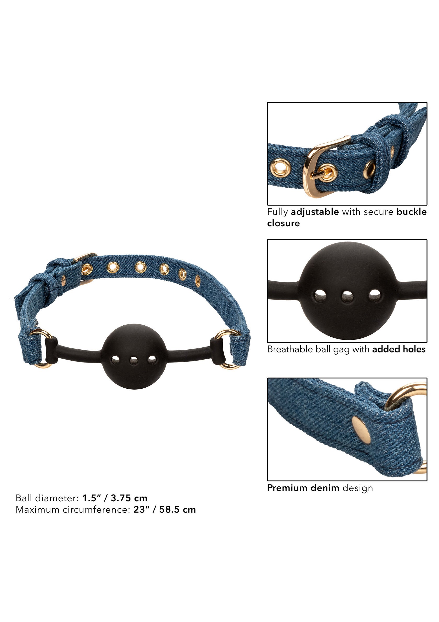 Bâillon à boule en denim premium, réglable, respirant, diamètre 3.75cm et circonférence max. 58.5cm.; Premium denim ball gag, verstelbaar, ademend, diameter 3.75cm en max. omtrek 58.5cm.; Premium denim ball gag, adjustable, breathable, 3.75cm diameter, and 58.5cm max circumference.
