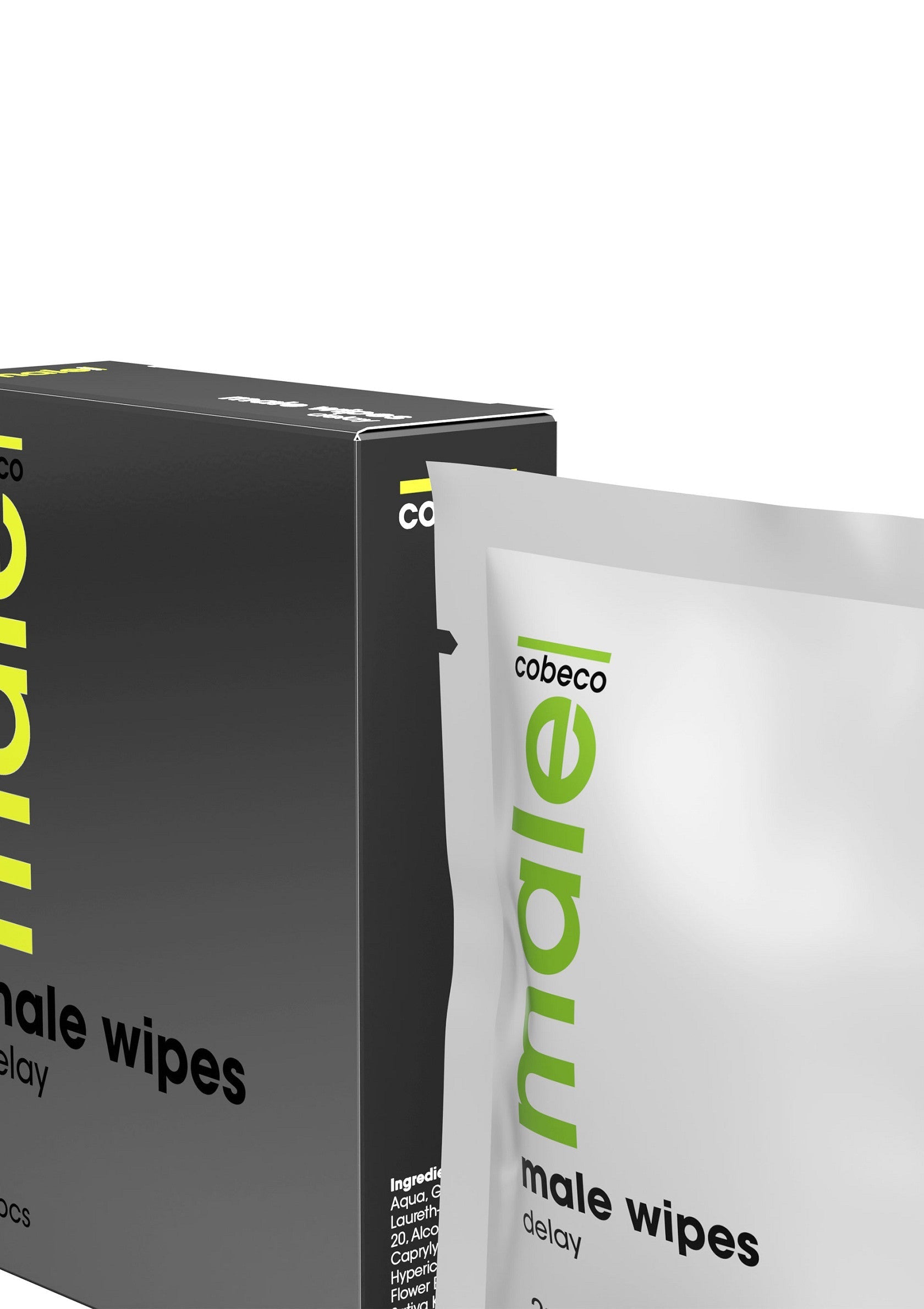 Lingettes intimes Cobeco Male Wipes Delay pour hommes. Prolongez le plaisir et la durée.; Cobeco Male Wipes Delay intieme doekjes voor mannen. Verleng het plezier en de duur.; Cobeco Male Wipes Delay intimate wipes for men. Prolong pleasure and duration.