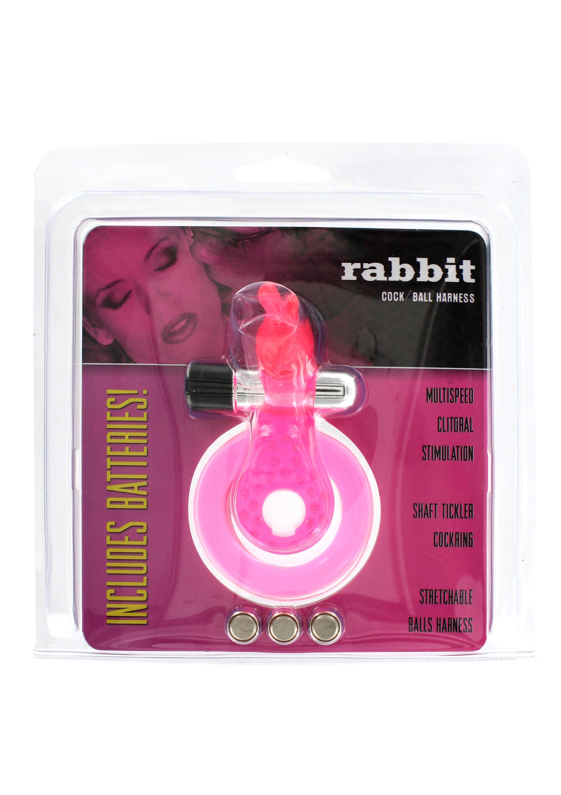Harnais pénis-testicules vibrant rose 'Rabbit', pour une stimulation intense. Batteries incluses.; Roze vibrerende 'Rabbit' penis-bal harnas voor intense stimulatie. Inclusief batterijen.; Pink vibrating 'Rabbit' cock & ball harness for intense stimulation. Batteries included.