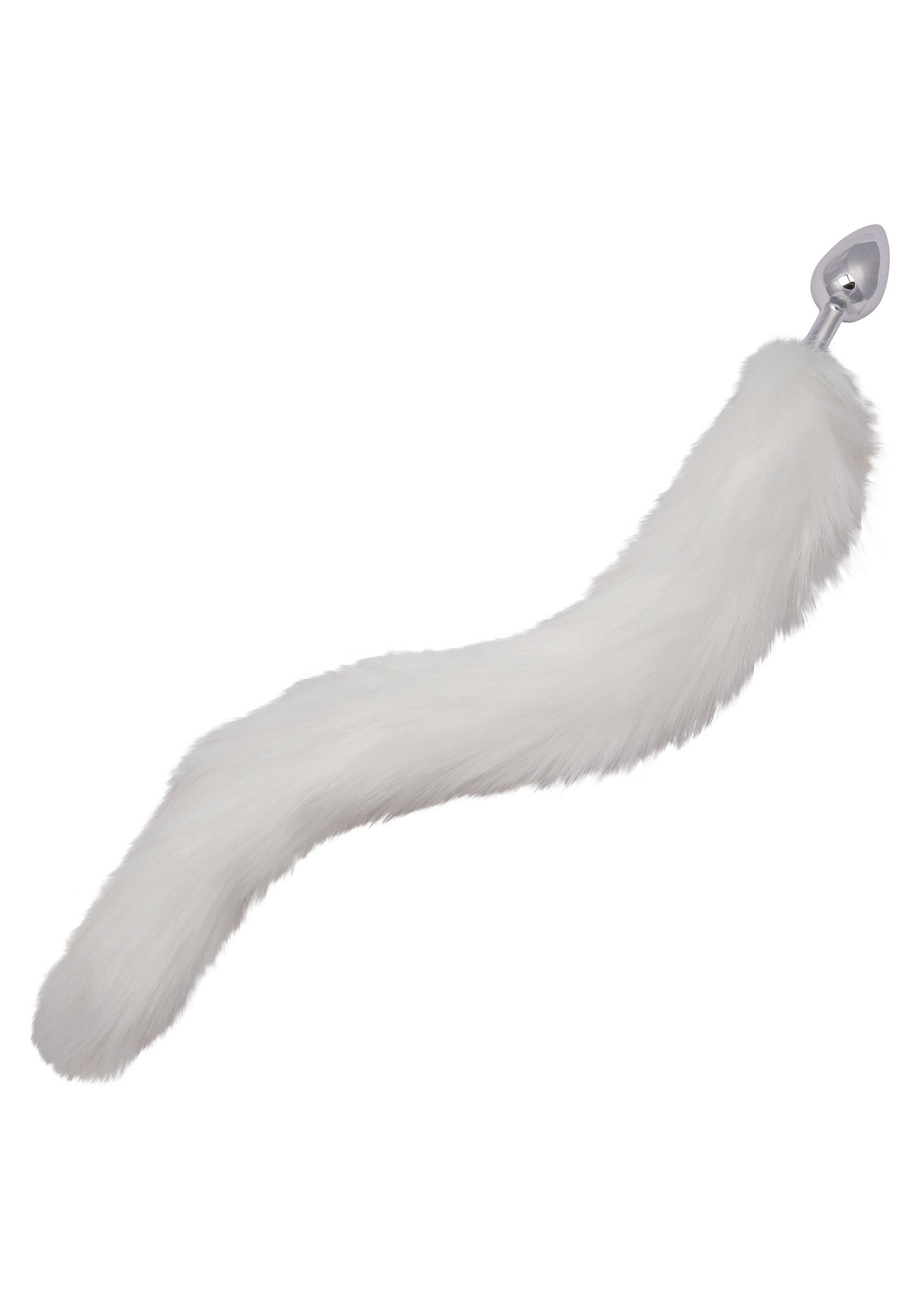 Queue de renard blanche en fourrure synthétique avec bouchon anal en métal.; Witte fake fur vossenstaart met metalen buttplug.; White faux fur fox tail with metal butt plug.