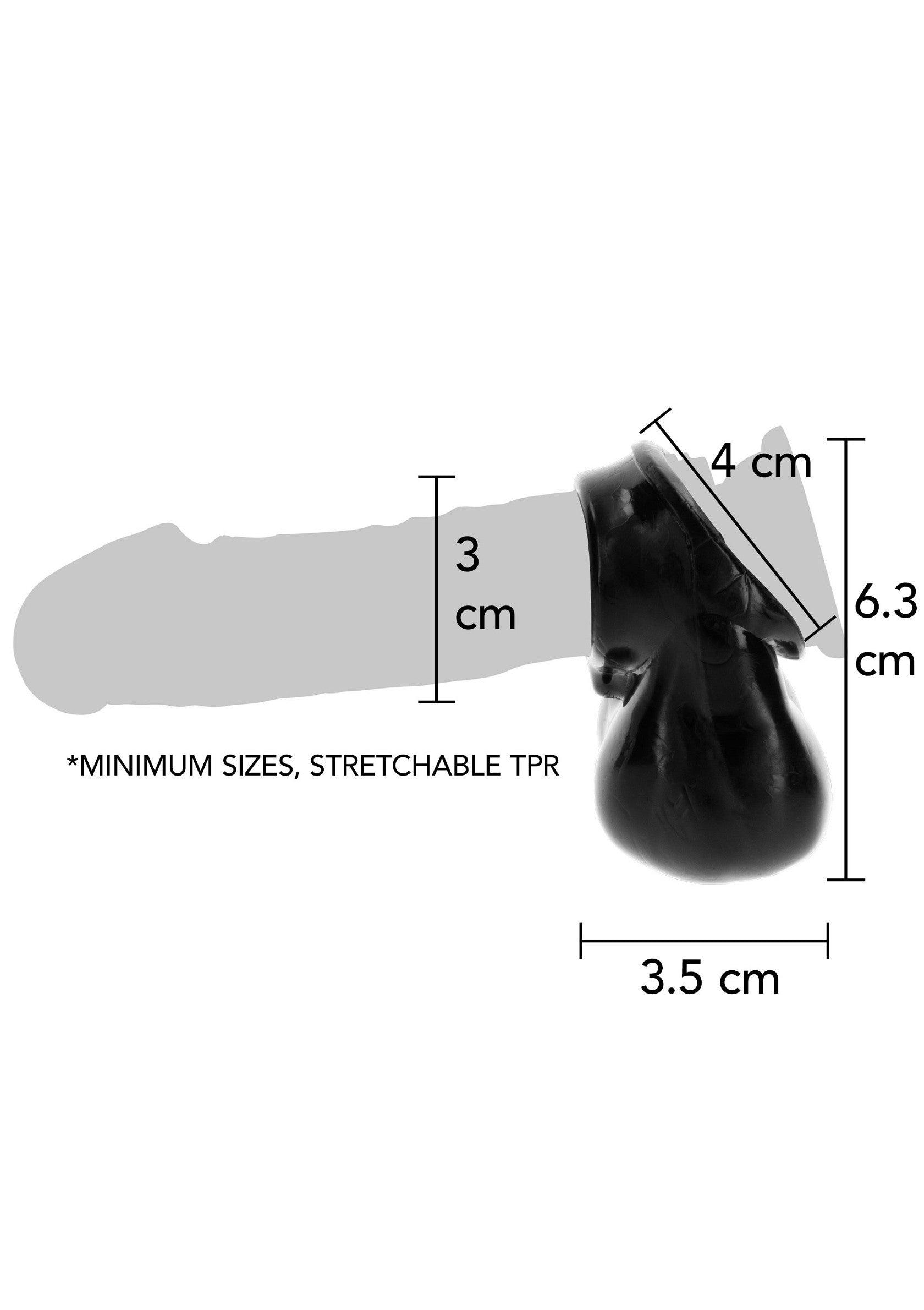 Manchon pénien noir avec mesures, TPR extensible pour un confort optimal.; Zwarte peniskoker met afmetingen, rekbaar TPR voor optimaal comfort.; Black penis sleeve with measurements, stretchable TPR for optimal comfort.