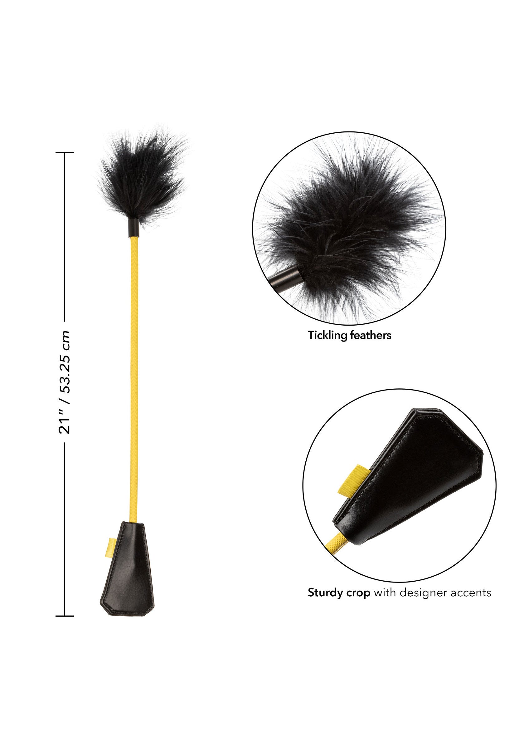 Cravache de plumes noires pour chatouilles avec manche jaune et accents de concepteur.; Kriebelende veren zwepen met gele steel en designer accenten.; Tickling feather crop with yellow shaft and designer accents.