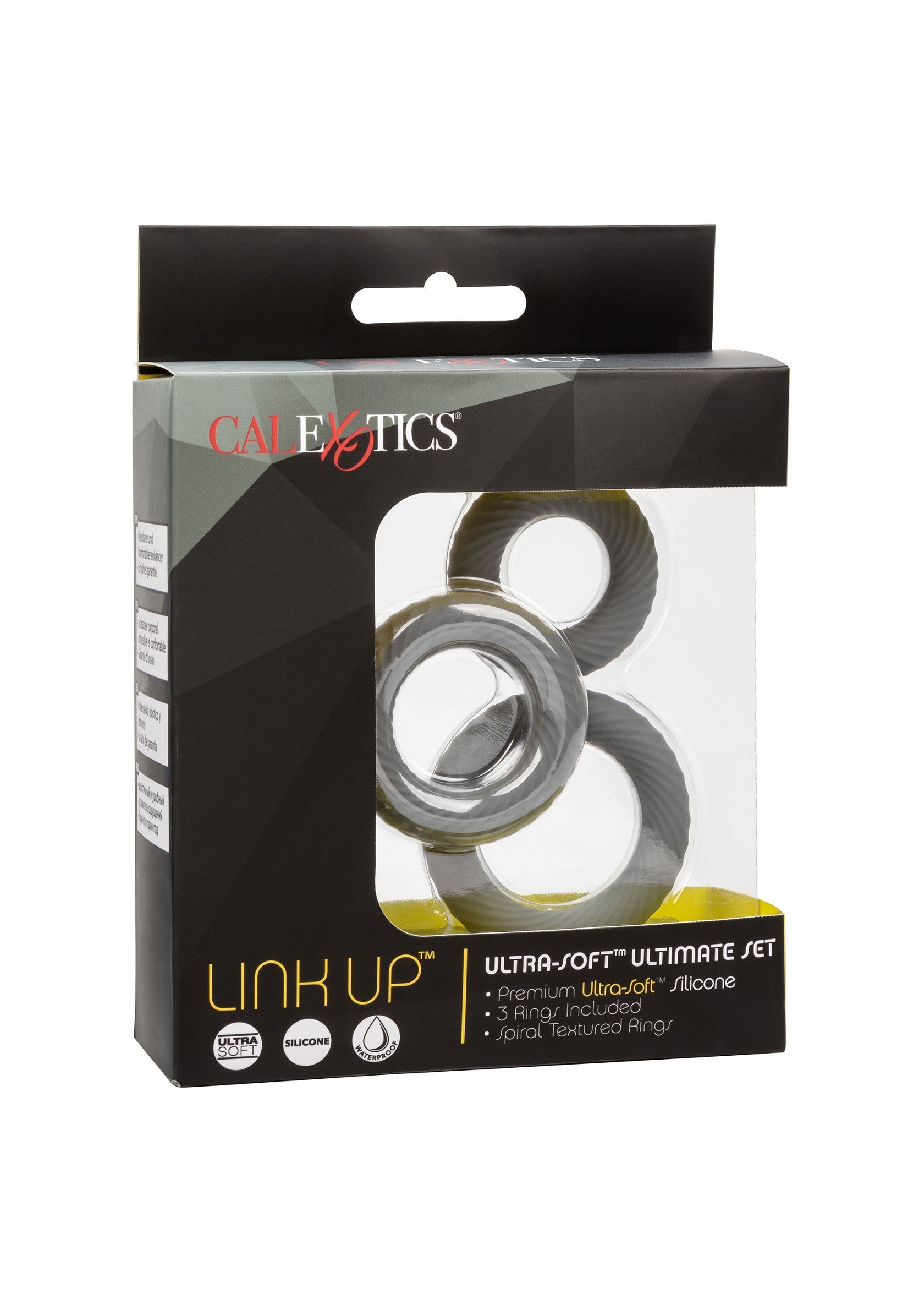 Anneaux péniens CalExotics Link Up Ultra-Soft Ultimate Set. Améliorez votre plaisir avec ces anneaux texturés en silicone.; CalExotics Link Up Ultra-Soft Ultimate Set penisringen. Verbeter je genot met deze siliconen ringen met textuur.; CalExotics Link Up Ultra-Soft Ultimate Set cock rings. Enhance your pleasure with these textured silicone rings.