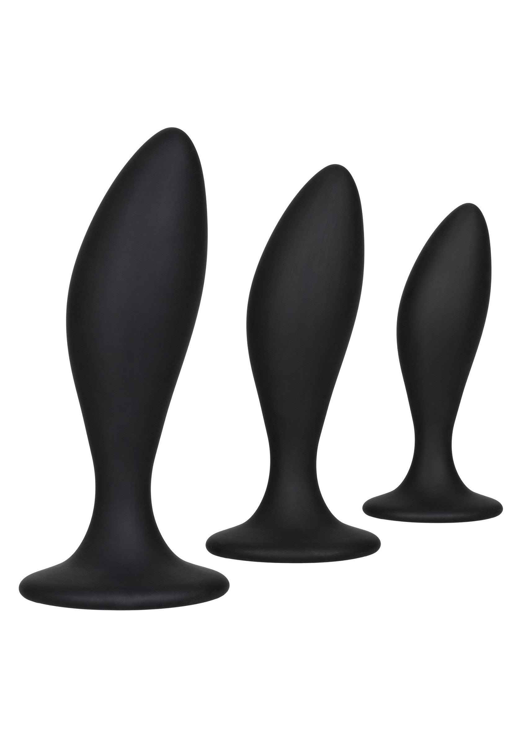 Ensemble de trois plugs anaux noirs de tailles différentes pour un plaisir progressif.; Set van drie zwarte buttplugs in verschillende maten voor geleidelijk genot.; Set of three black butt plugs in different sizes for gradual pleasure.