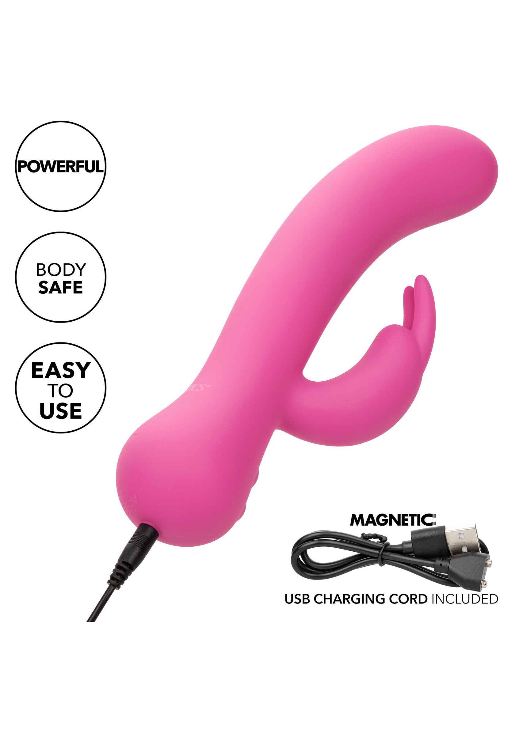 Vibromasseur rose puissant, sûr pour le corps et facile à utiliser avec cordon de chargement USB inclus.; Krachtige, lichaamsveilige en eenvoudig te gebruiken roze vibrator met inbegrepen USB-oplaadkabel.; Powerful, body-safe, and easy to use pink vibrator with included USB charging cord.