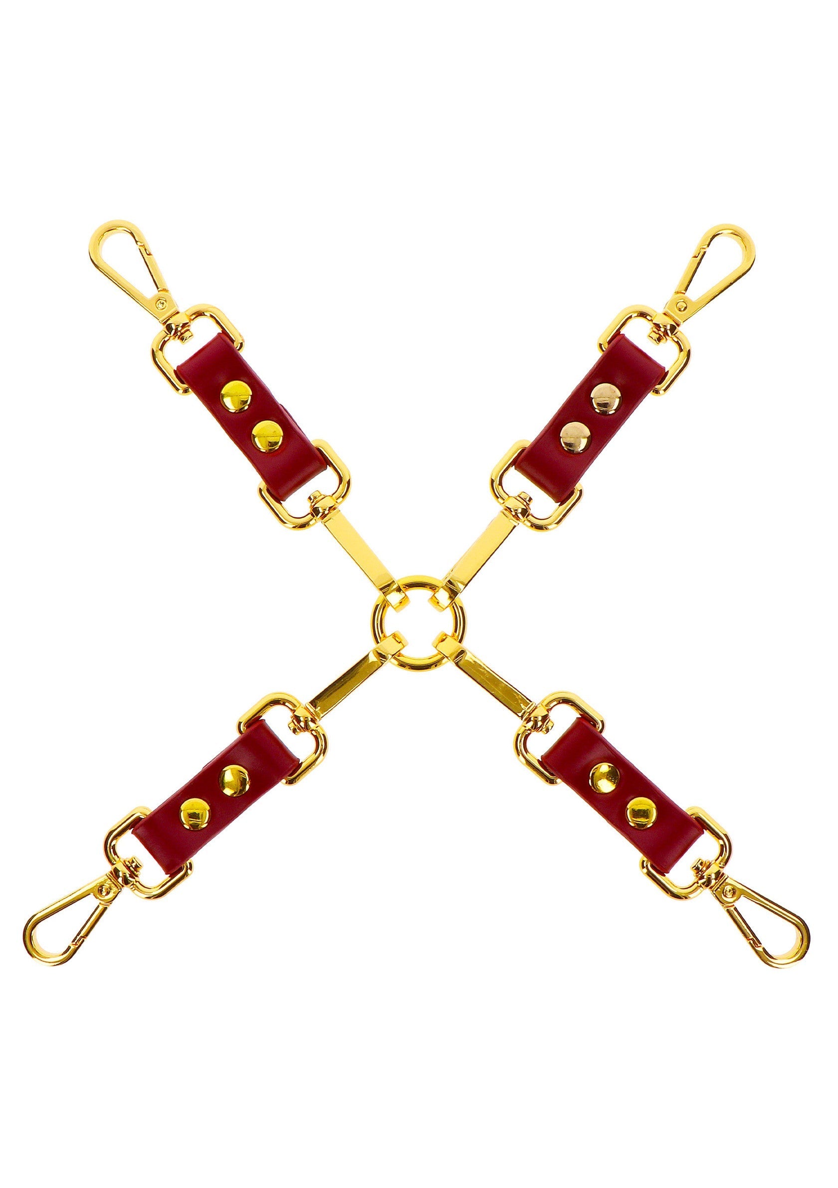 Harnais pour corps en cuir bordeaux et or. Accessoire mode, sexy et audacieux. Attaches dorées pour un look sophistiqué.; Bordeaux en gouden lederen lichaamsharnas. Modeaccessoire, sexy en gedurfd. Gouden sluitingen voor een verfijnde look.; Burgundy and gold leather body harness. Fashion accessory, sexy and daring. Gold clasps for a sophisticated look.