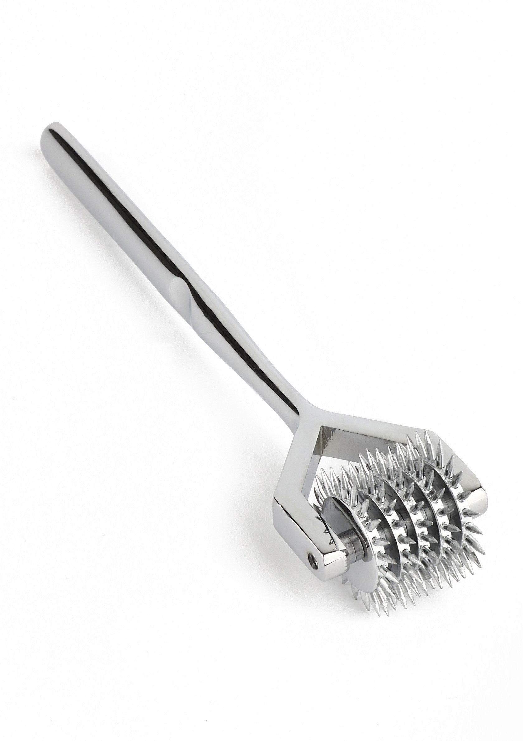 Roue de Wartenberg en métal chromé, outil de stimulation sensorielle et de découverte corporelle.; Wartenberg-wiel van verchroomd metaal, hulpmiddel voor sensorische stimulatie en lichaamsverkenning.; Chrome metal Wartenberg wheel, sensory stimulation tool and body exploration.