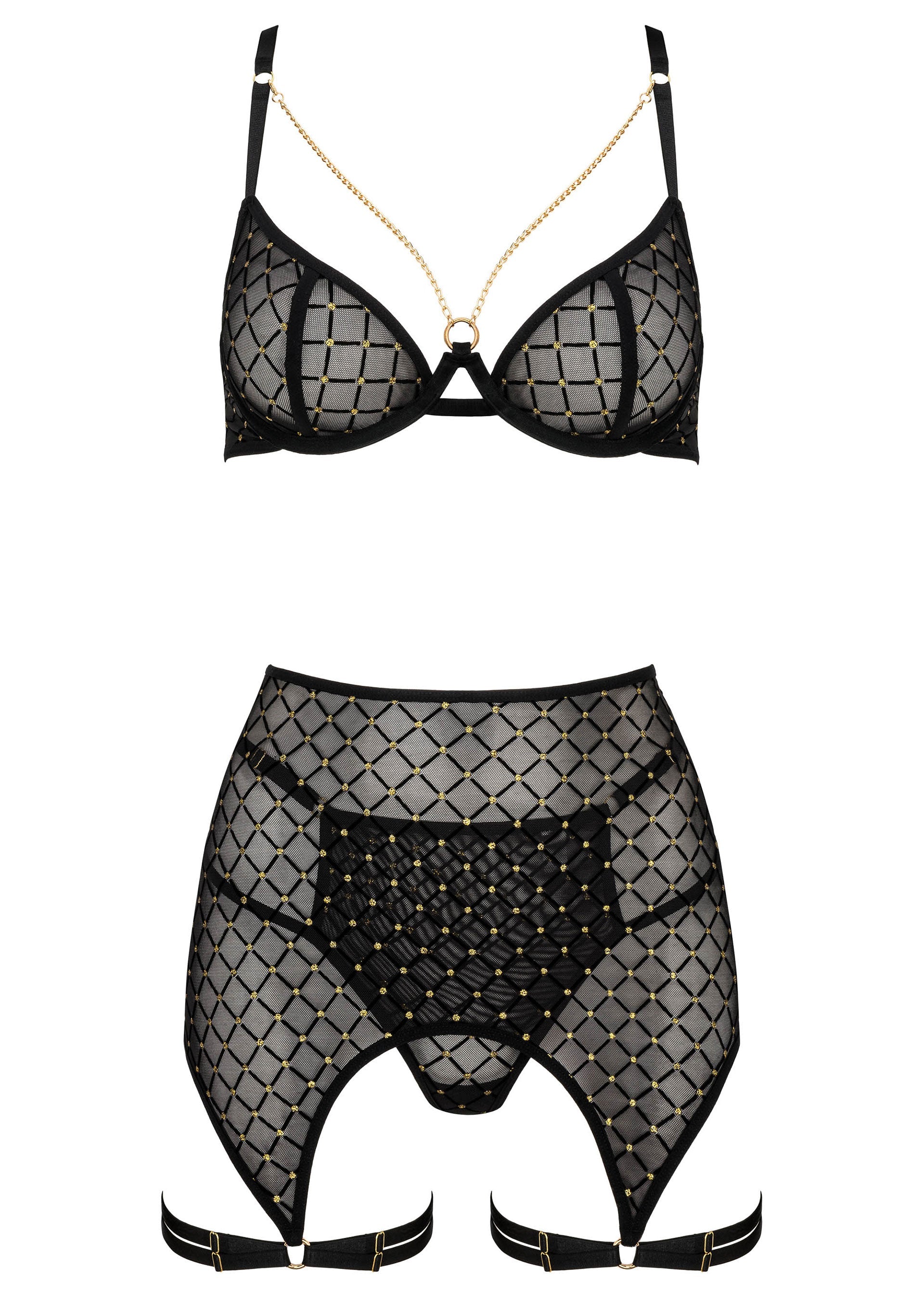 Ensemble de lingerie noir et or, soutien-gorge à armatures et porte-jarretelles assorti. Élégant et séduisant.; Zwart en gouden lingerie set, beugelbh en bijpassende jarretelgordel. Elegant en verleidelijk.; Black and gold lingerie set, underwire bra and matching suspender belt. Elegant and seductive.