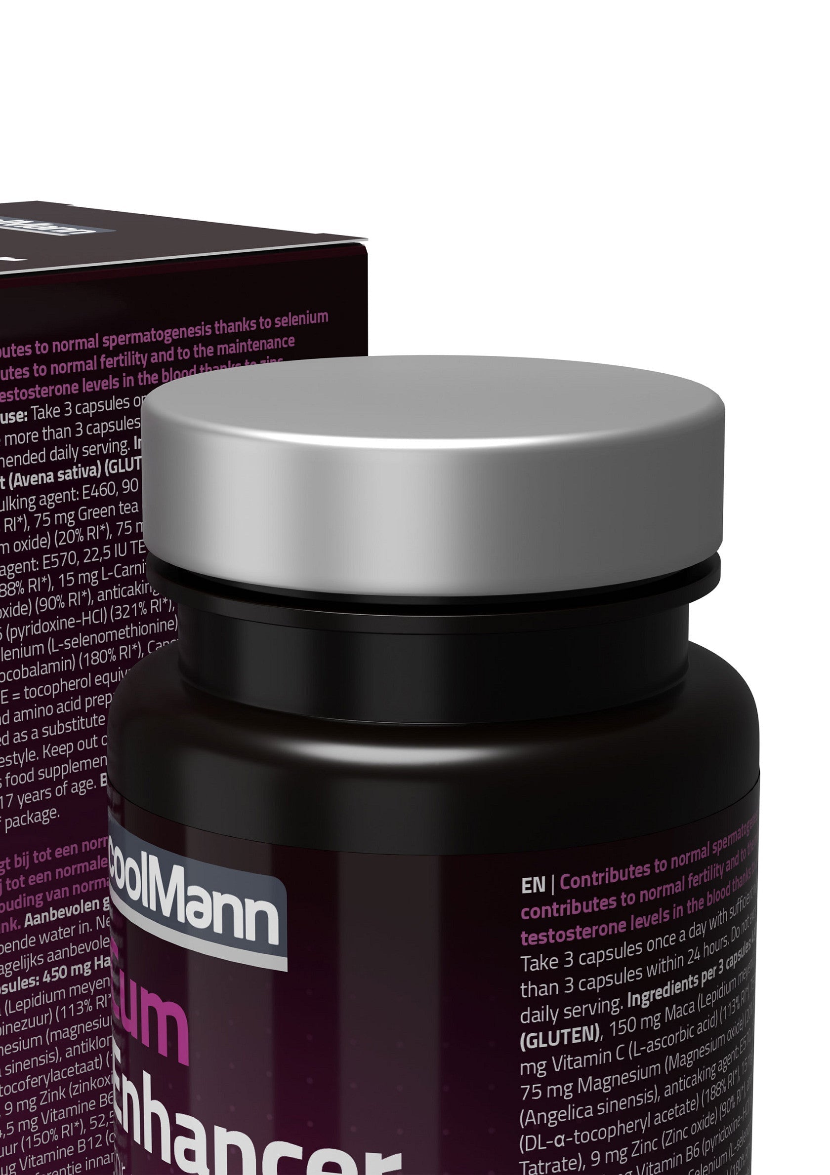 Compléments alimentaires Coolmann pour la fertilité masculine. Enhancer de sélénium pour la spermatogenèse. Contribue à la fertilité normale.; Coolmann voedingssupplementen voor mannelijke vruchtbaarheid. Selenium enhancer voor spermatogenese. Draagt bij aan normale vruchtbaarheid.; Coolmann supplements for male fertility. Selenium enhancer for spermatogenesis. Contributes to normal fertility and normal sperm production.
