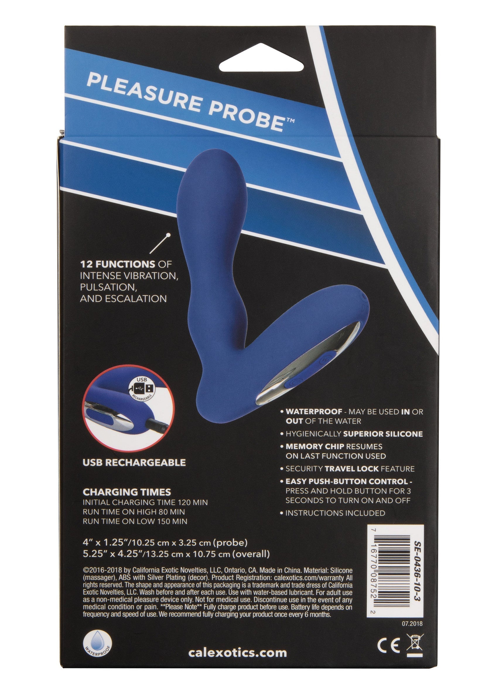Sonde de plaisir rechargeable USB CalExotics. 12 fonctions de vibration, pulsations et escalation. Etanche, silicone.; CalExotics USB oplaadbare Pleasure Probe. 12 functies van intense vibratie, pulsatie en escalatie. Waterdicht, siliconen.; CalExotics USB rechargeable Pleasure Probe. 12 functions of intense vibration, pulsation and escalation. Waterproof, silicone.