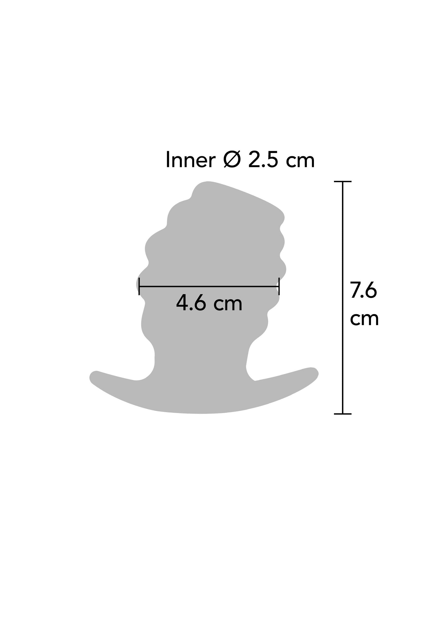 Diagramme des dimensions d'un article. Hauteur: 7.6 cm, diamètre interne: 2.5 cm et largeur: 4.6 cm.; Maatvoering diagram van een artikel. Hoogte: 7.6 cm, interne diameter: 2.5 cm en breedte: 4.6 cm.; Sizing diagram of an item. Height: 7.6 cm, internal diameter: 2.5 cm and width: 4.6 cm.