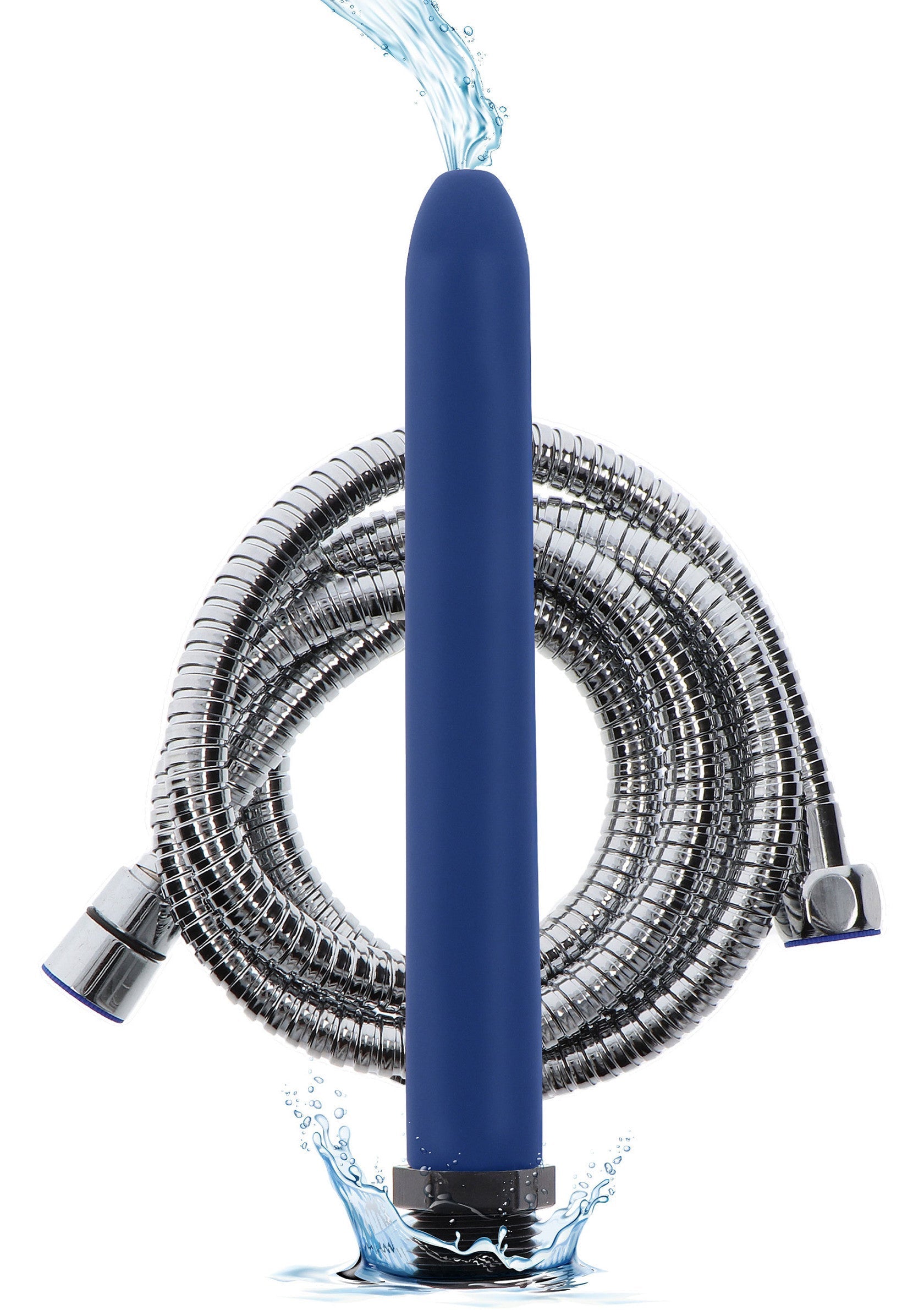 Douchette intime bleue avec flexible en acier inoxydable pour une hygiène parfaite.; Blauwe intieme douche met roestvrijstalen slang voor perfecte hygiëne.; Blue enema bulb with stainless steel hose for perfect hygiene.