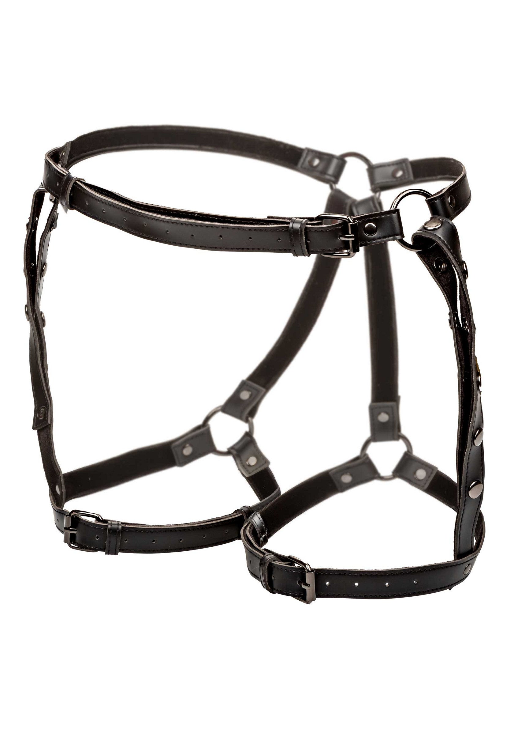 Harnais de corps noir en cuir synthétique réglable avec boucles et anneaux métalliques.; Zwarte body harness van verstelbaar kunstleer met metalen gespen en ringen.; Black body harness made of adjustable faux leather with metal buckles and rings.