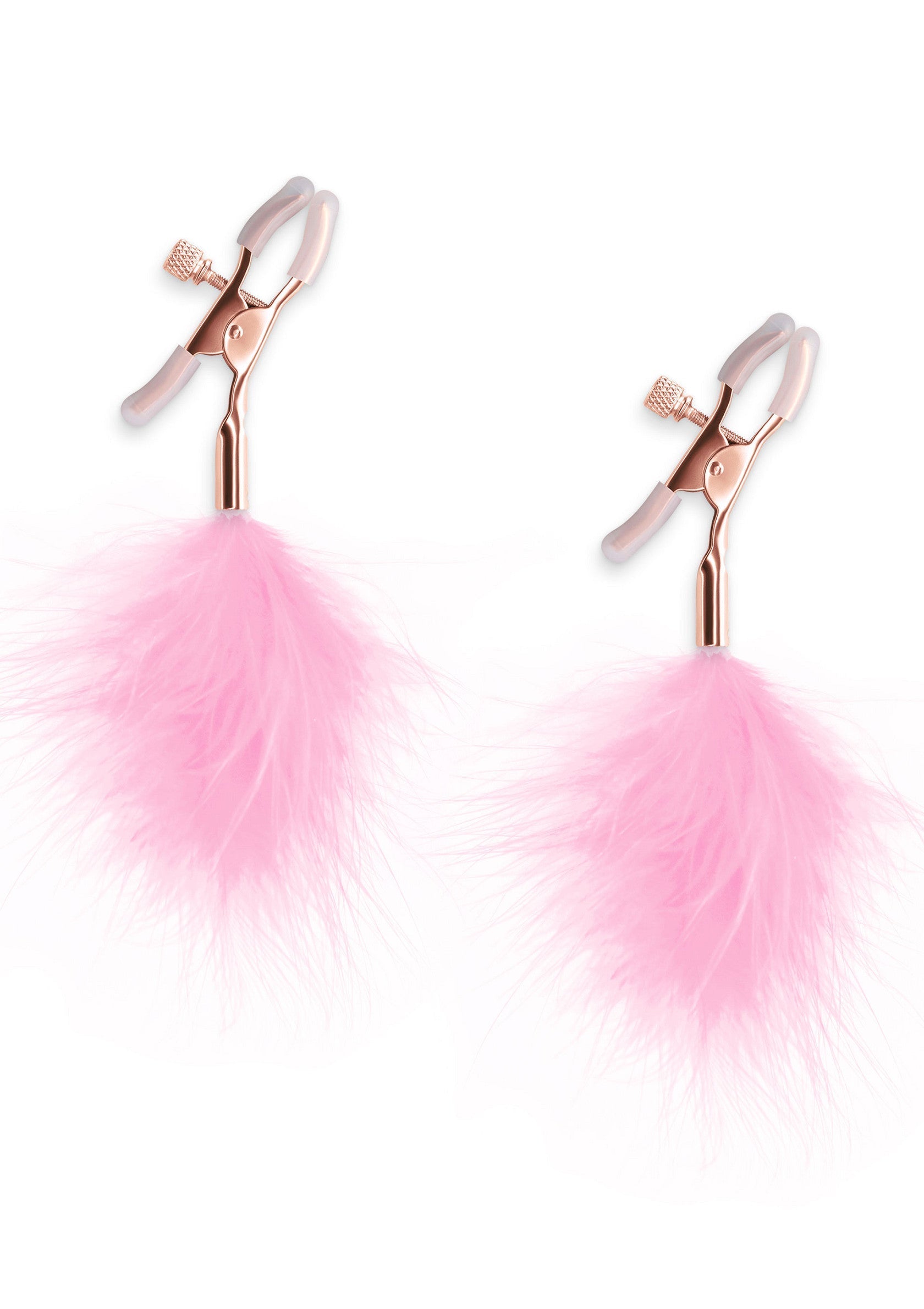 Pinces à tétons avec plumes roses pour pimenter vos jeux coquins. Ajustables pour plus de sensations fortes.; Tepelklemmen met roze veren voor extra spanning in je spel. Verstelbaar voor meer sensatie.; Nipple clamps with pink feathers to spice up your play. Adjustable for extra thrills & sensations.
