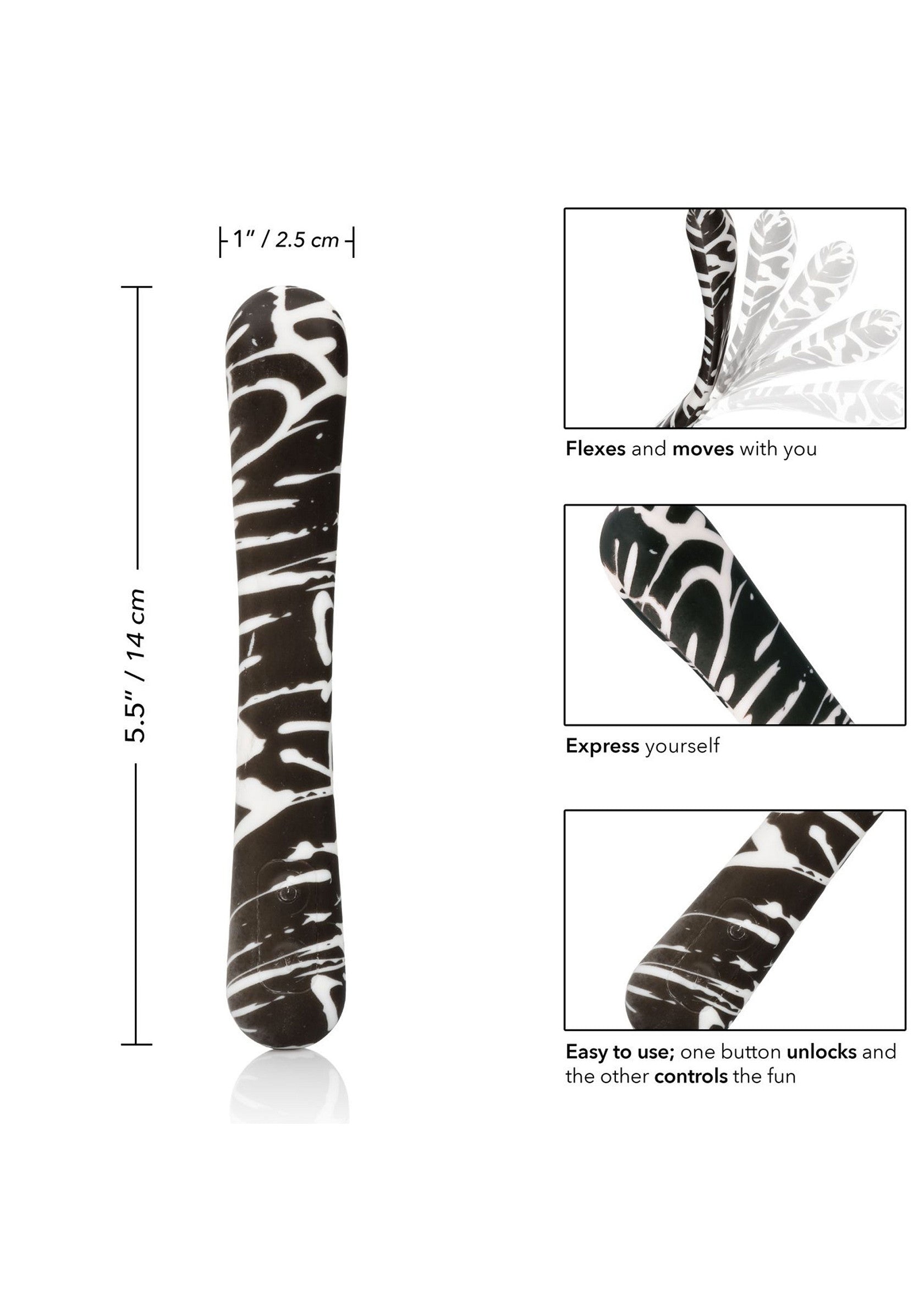 Vibromasseur noir et blanc avec dimensions et caractéristiques décrites. Flexible et facile à utiliser.; Zwart-witte vibrator met afmetingen en kenmerken beschreven. Flexibel en makkelijk te gebruiken.; Black and white vibrator with dimensions and features described. Flexible and easy to use.