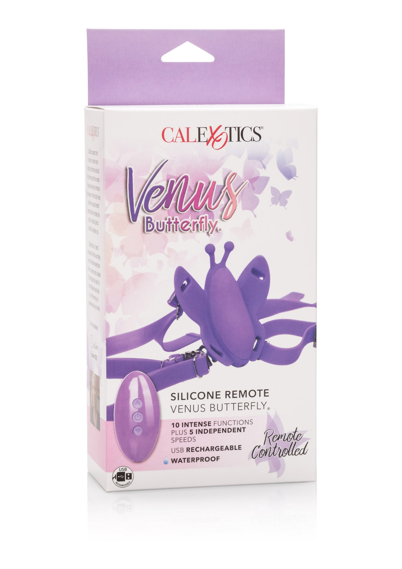 CalExotics Venus Butterfly, télécommande sans fil en silicone, rechargeable USB et étanche.; CalExotics Venus Butterfly, draadloze afstandsbediening van siliconen, USB oplaadbaar en waterdicht.; CalExotics Venus Butterfly, wireless remote silicone vibrator, USB rechargeable, and waterproof.