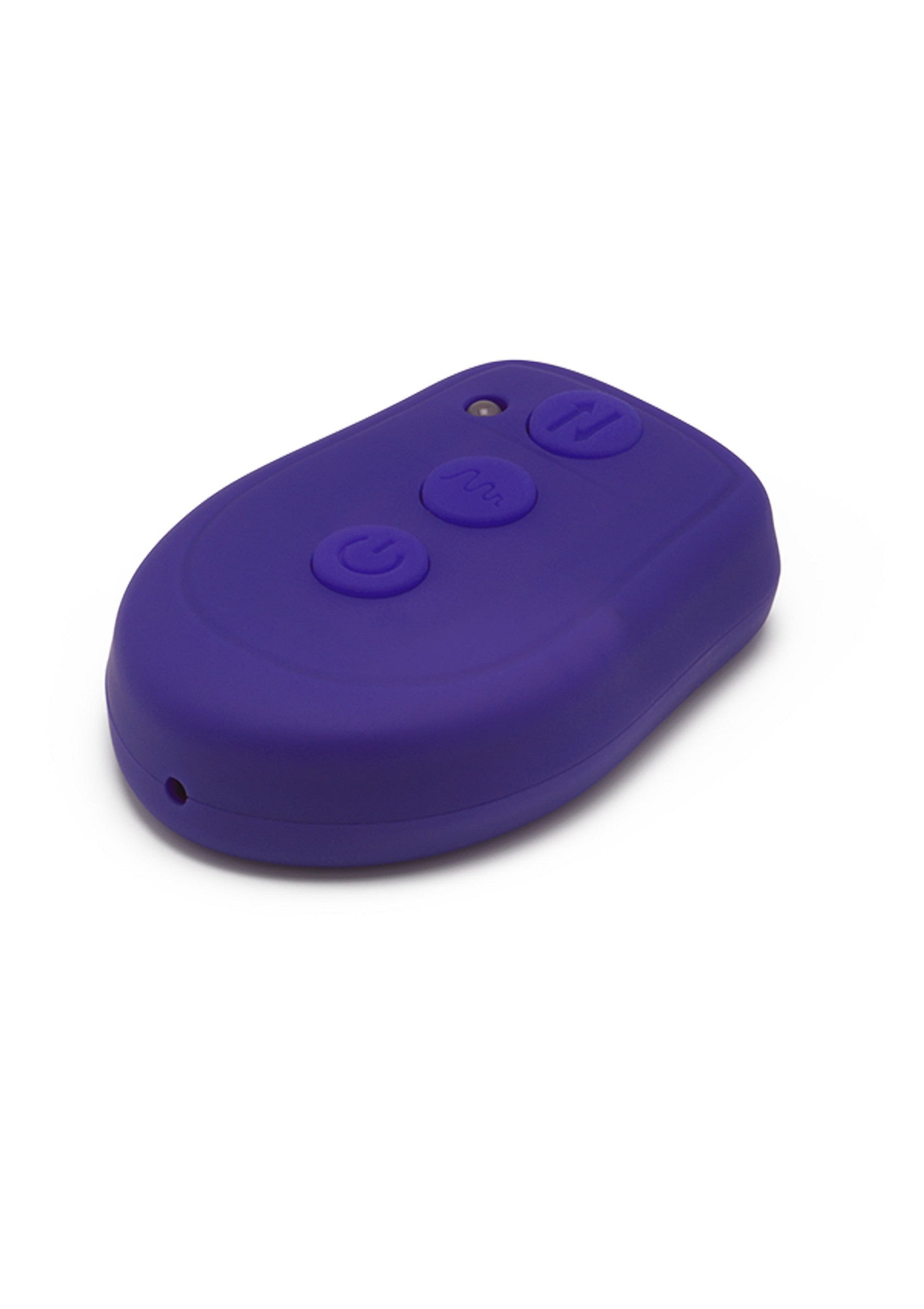 Télécommande violette compacte avec trois boutons pour divers appareils.; Compacte paarse afstandsbediening met drie knoppen voor diverse apparaten.; Compact purple remote control with three buttons for various devices.