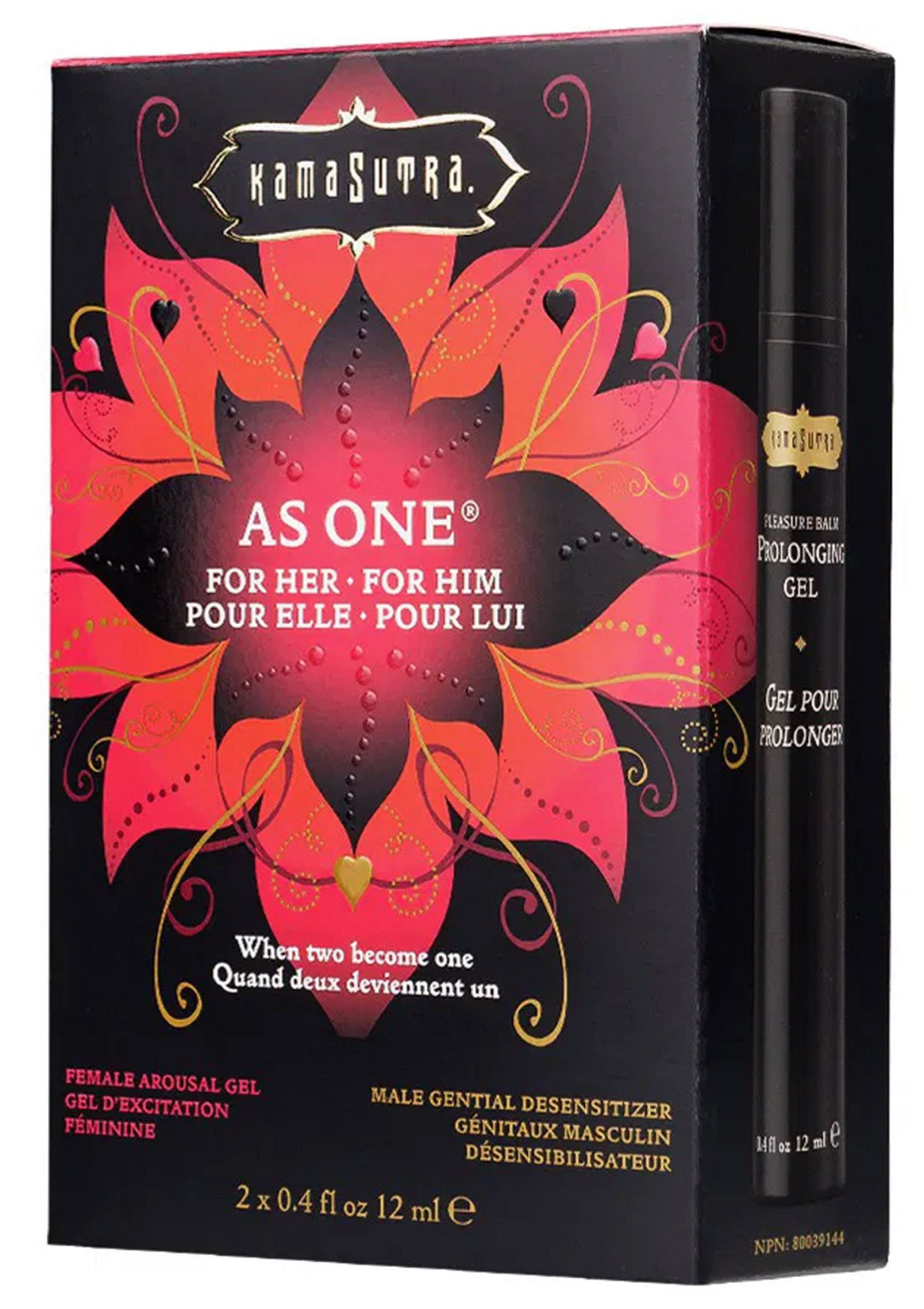 Kama Sutra As One coffret gel d'excitation féminin et gel prolongateur masculin. Pour une expérience sensuelle partagée.; Kama Sutra As One set met opwindingsgel voor haar en verlengende gel voor hem. Voor een gedeelde, sensuele ervaring.; Kama Sutra As One set with arousal gel for her and prolonging gel for him. For a shared, sensual experience.