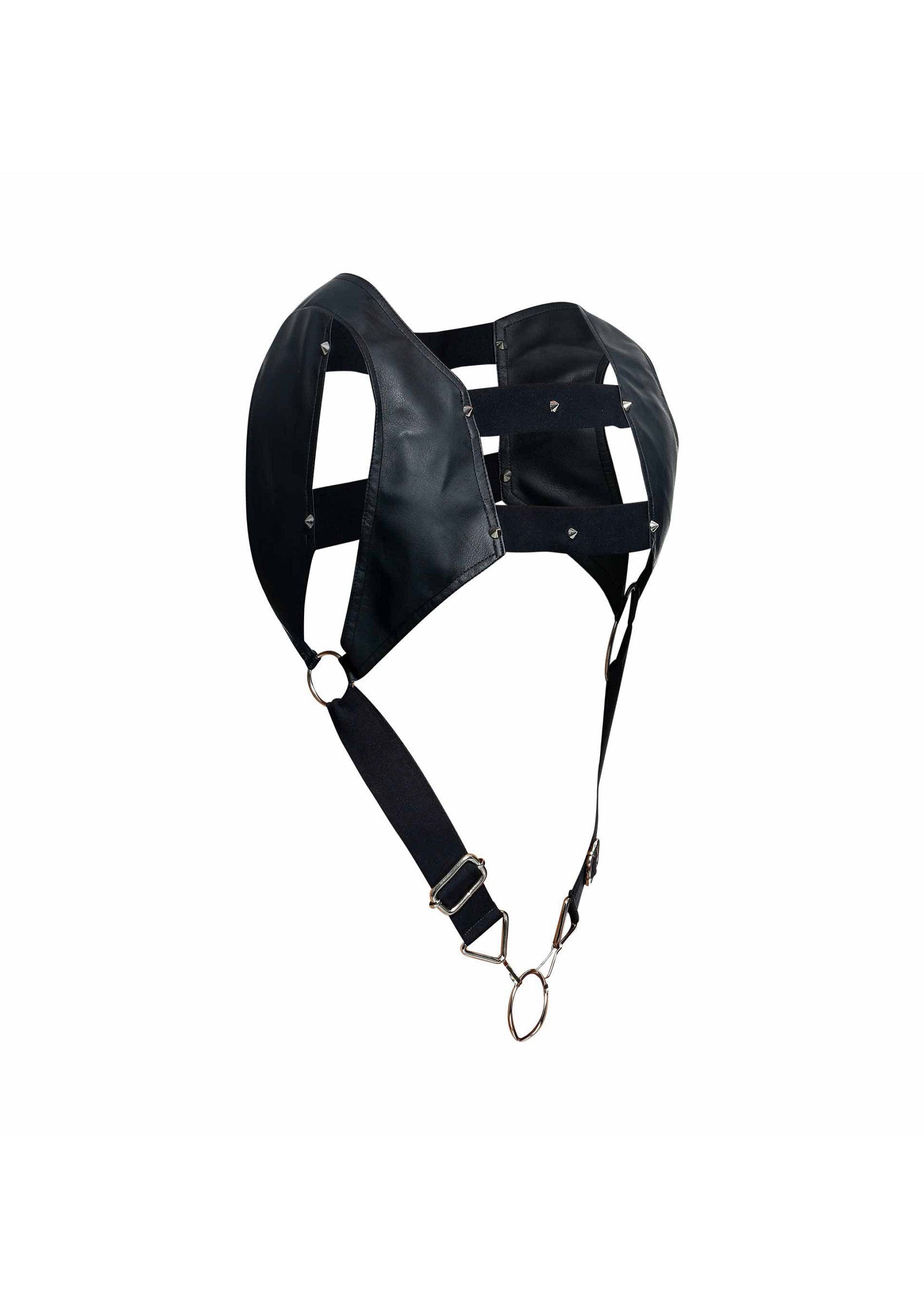 Harnais en cuir noir à lanières et anneaux en métal.; Zwart leren harnas met bandjes en metalen ringen.; Black leather harness with straps and metal rings.