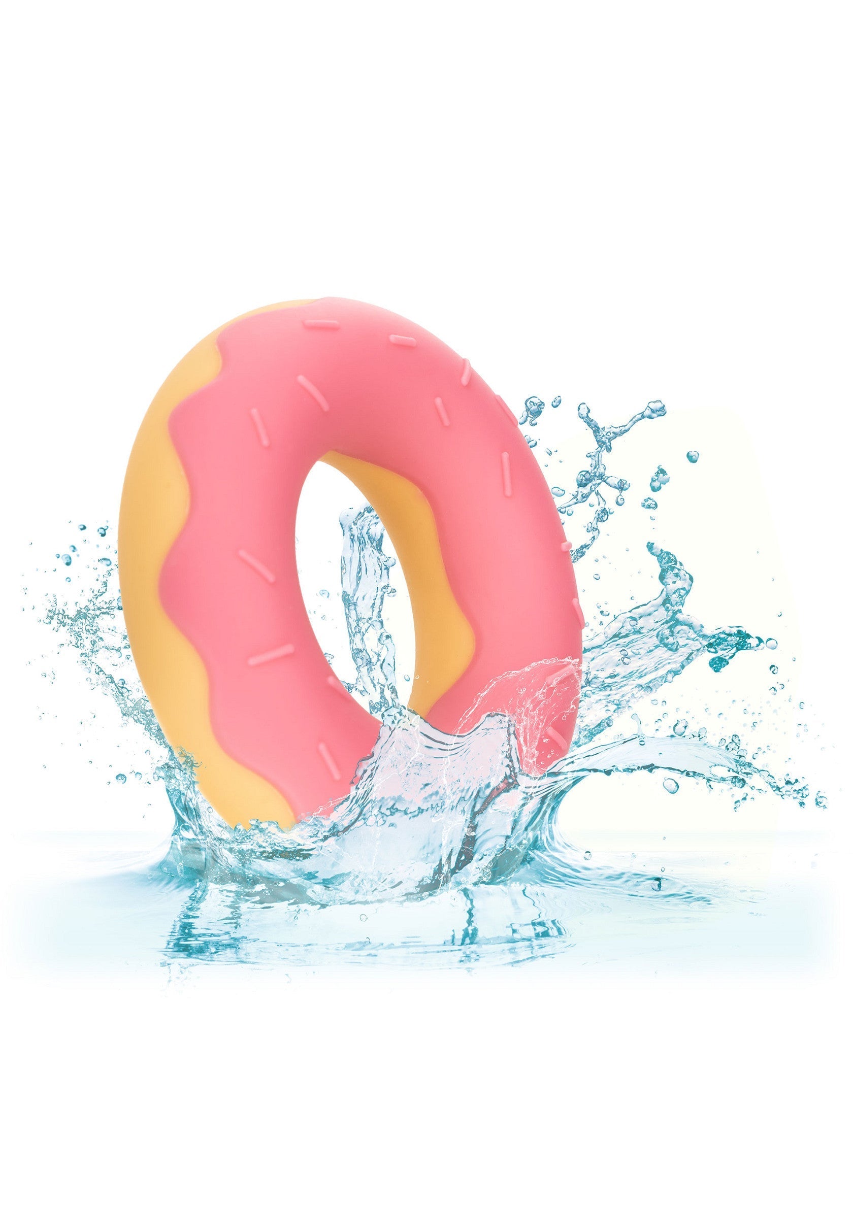 Beignet rose éclaboussé d'eau, jouet de bain amusant.; Roze donut in water, leuk badspeelgoed.; Pink donut in water, fun bath toy.