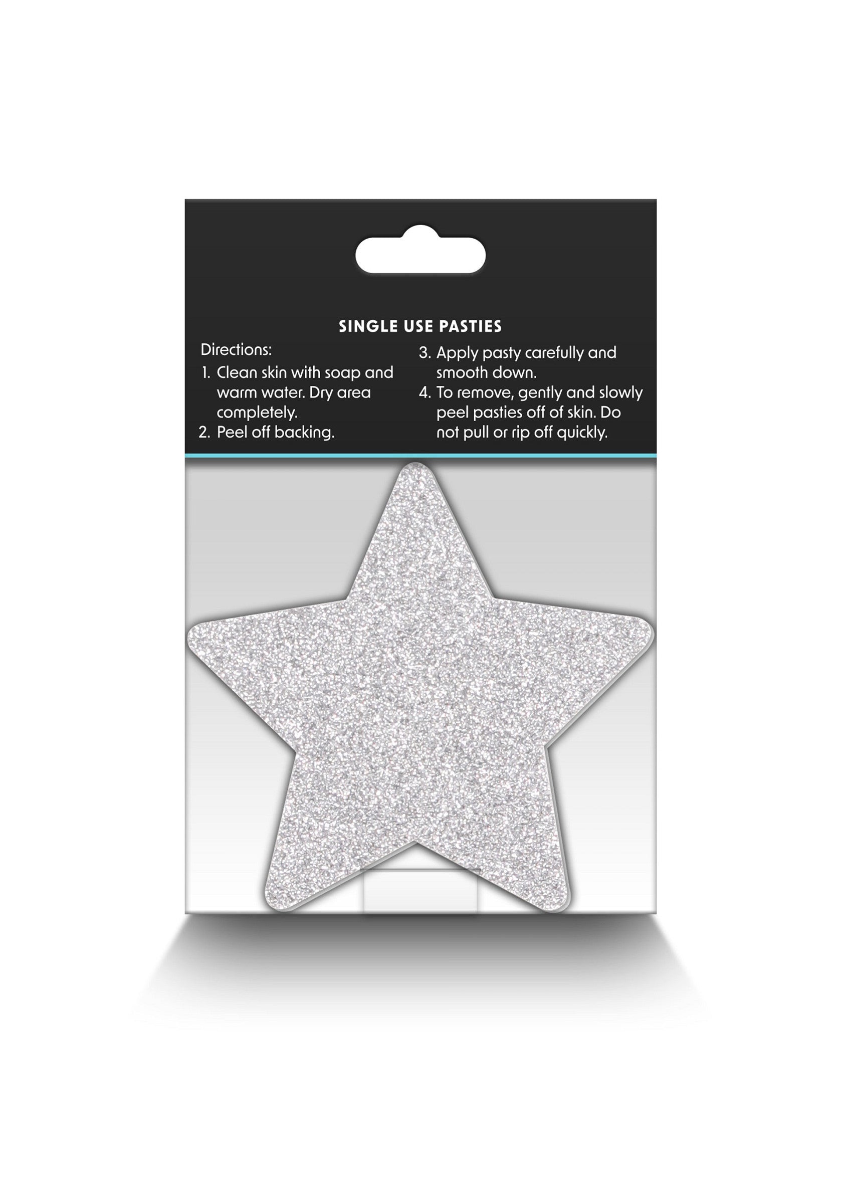 Cache-tétons à paillettes argentées en forme d'étoile. Accessoire festif à usage unique pour une touche glamour.; Zilveren glitter tepelbedekkers in de vorm van een ster. Feestelijke accessoire voor eenmalig gebruik voor een glamoureuze touch.; Silver glitter star pasties. Single-use festive accessory for a glamorous touch. Perfect for parties and special occasions.