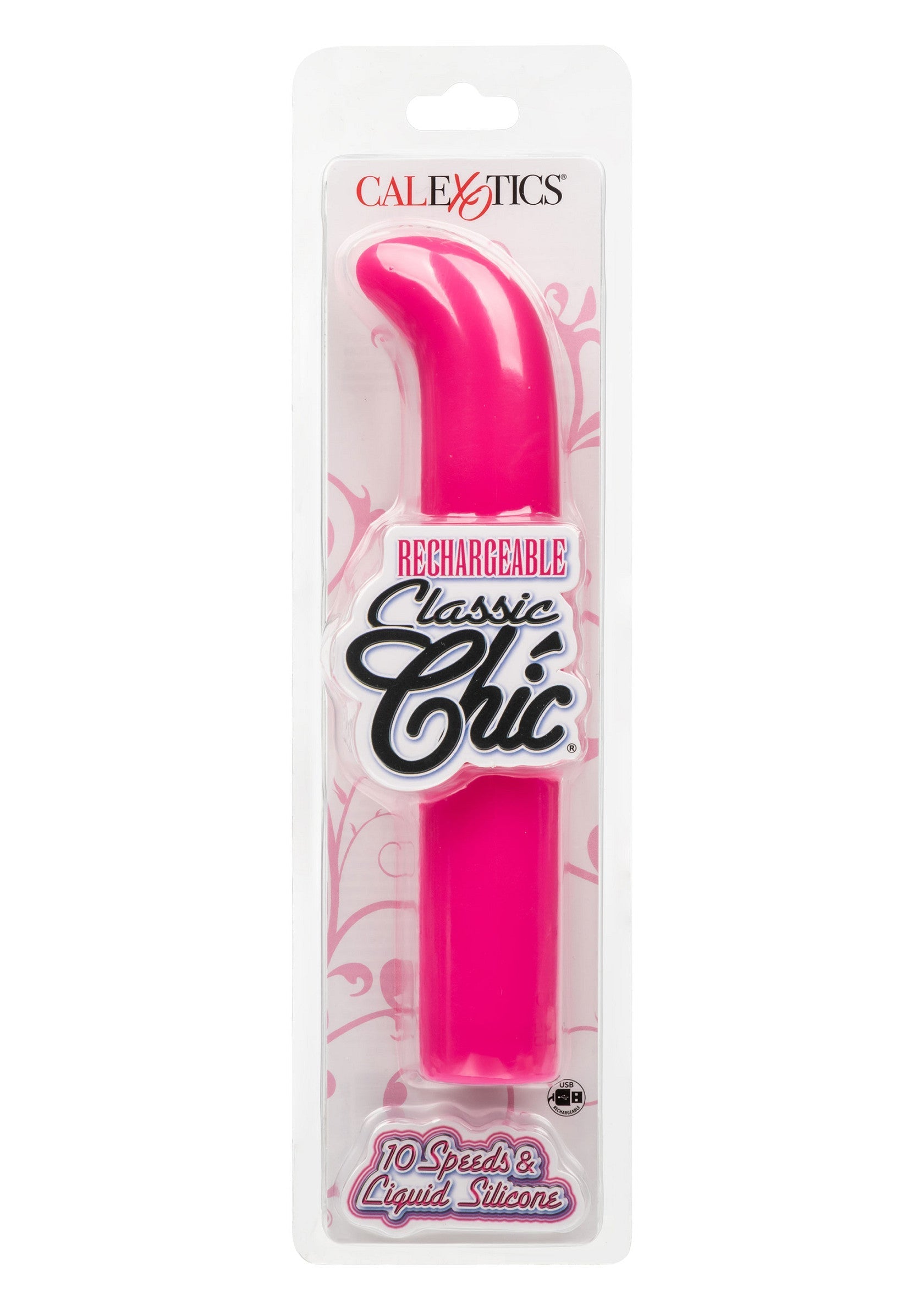 Masseur rechargeable Classic Chic rose, 10 vitesses, silicone liquide. Plaisir intense garanti ! Compact et discret.; Oplaadbare Classic Chic roze vibrator, 10 snelheden, vloeibare siliconen. Gegarandeerd intens genot! Compact en discreet.; Rechargeable Classic Chic pink massager, 10 speeds, liquid silicone. Intense pleasure guaranteed! Compact and discreet.