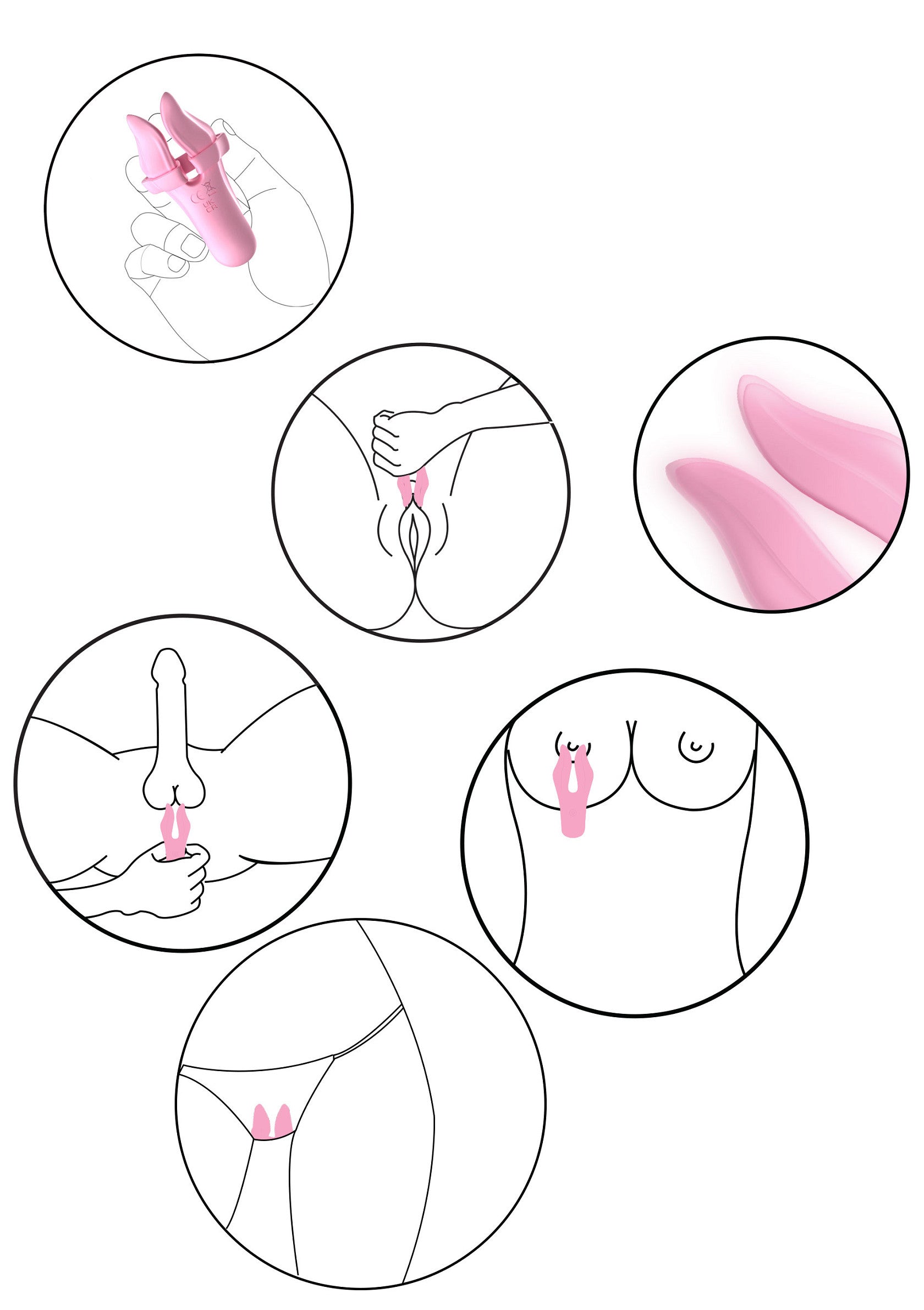 Guide d'utilisation d'un sextoy à clitoris rose pour une stimulation variée.; Gebruiksaanwijzing voor een roze clitoris stimulator voor diverse stimulatie.; Usage guide for a pink clitoral stimulator for diverse stimulation.