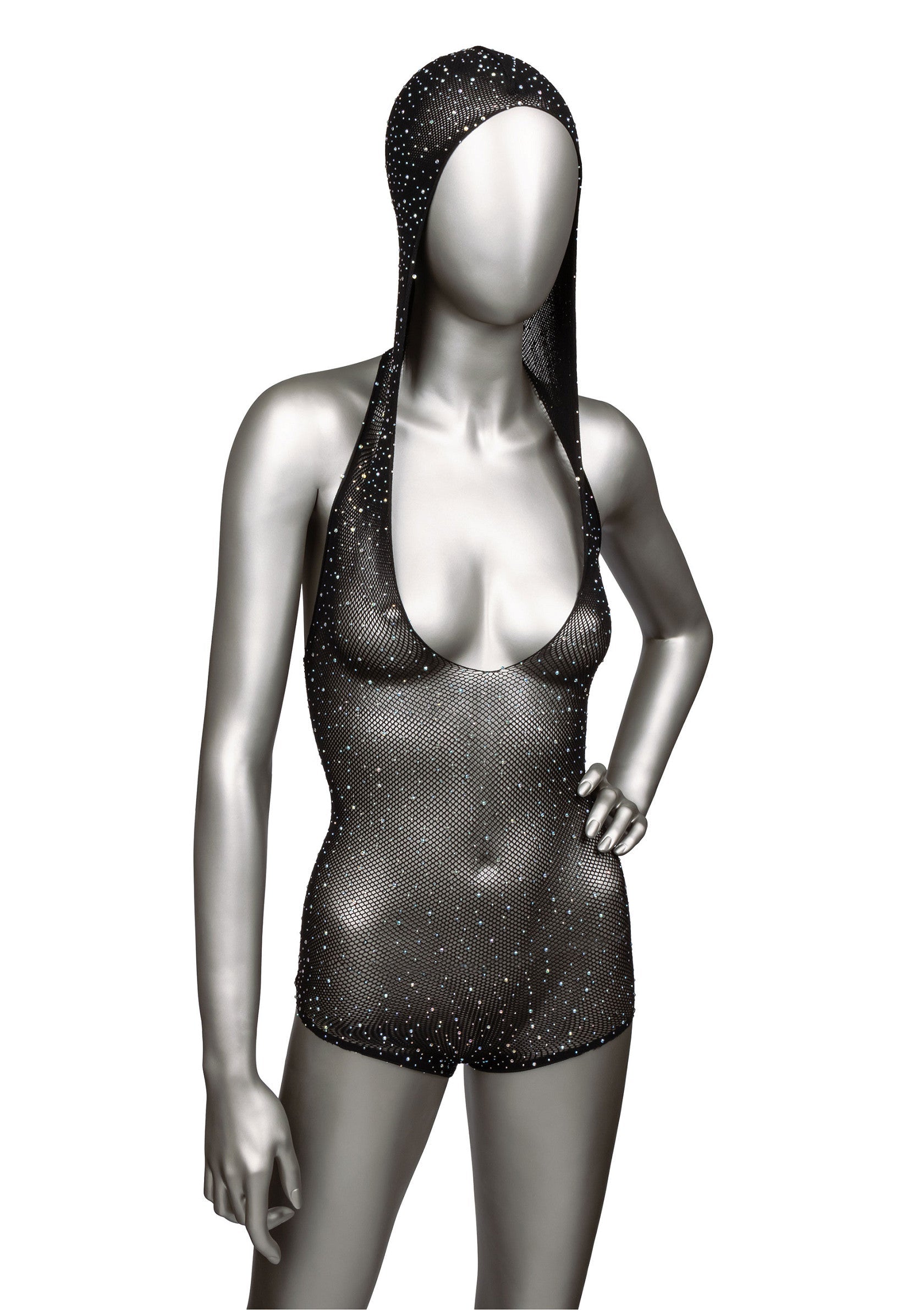 Body noir à capuche en maille résille orné de strass sur un mannequin.; Zwart mesh glitter body met kap op een mannequin.; Black mesh glitter bodysuit with hood on a mannequin.