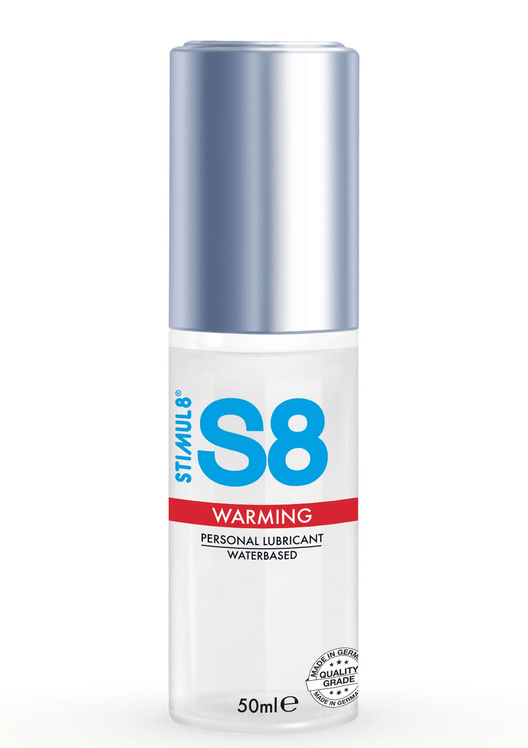 Stimul8 S8 Warming, lubrifiant personnel à base d'eau pour plus de plaisir. Flacon de 50ml.; Stimul8 S8 Warming, een waterbasis glijmiddel voor meer plezier. 50ml flesje.; Stimul8 S8 Warming, a water-based personal lubricant for enhanced pleasure. 50ml bottle.