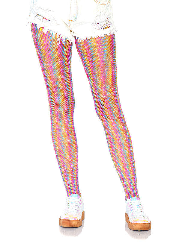 Collants résille arc-en-ciel, parfaits pour un look fun et coloré! Combinez avec des shorts ou une jupe pour un style unique.; Regenboog visnet panty's, perfect voor een leuke en kleurrijke look! Combineer met shorts of een rok voor een unieke stijl.; Rainbow fishnet tights, perfect for a fun and colorful look! Pair with shorts or a skirt for a unique style.