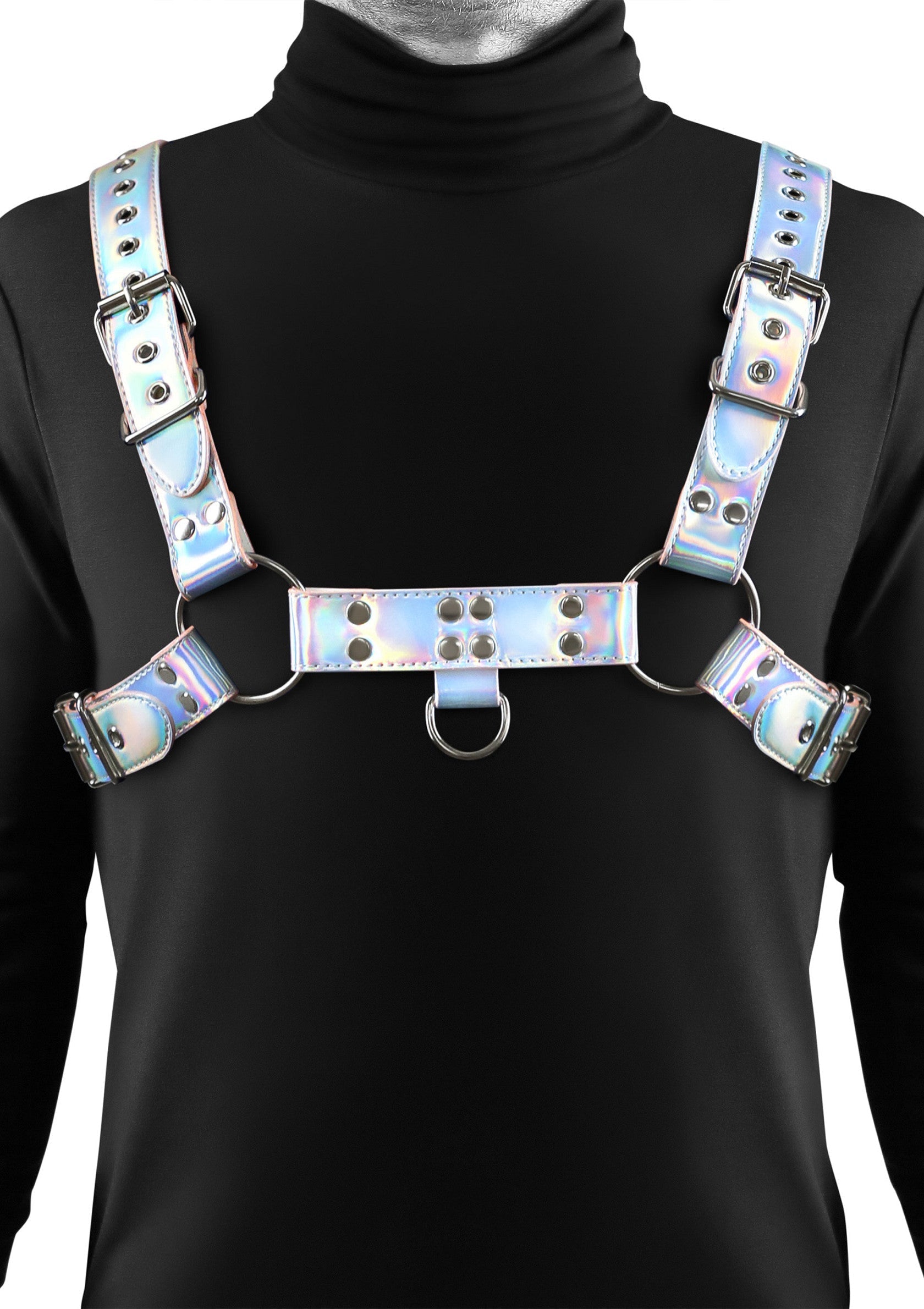 Harnais holographique argenté ajustable. Accessoire tendance pour un look unique et audacieux. Découvrez notre collection.; Verstelbaar zilveren holografisch harnas. Trendy accessoire voor een unieke, gewaagde look. Bekijk onze collectie.; Adjustable silver holographic harness. Trendy accessory for a unique, bold look. Explore our collection.