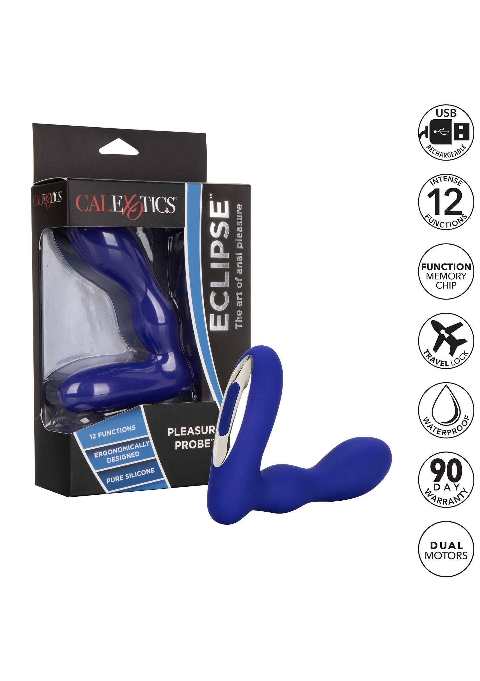 CalExotics Eclipse, sonde anale en silicone bleu avec 12 fonctions et double moteur pour le plaisir.; CalExotics Eclipse, blauwe siliconen anale sonde met 12 functies en dubbele motor voor plezier.; CalExotics Eclipse, blue silicone anal probe with 12 functions and dual motor for pleasure.