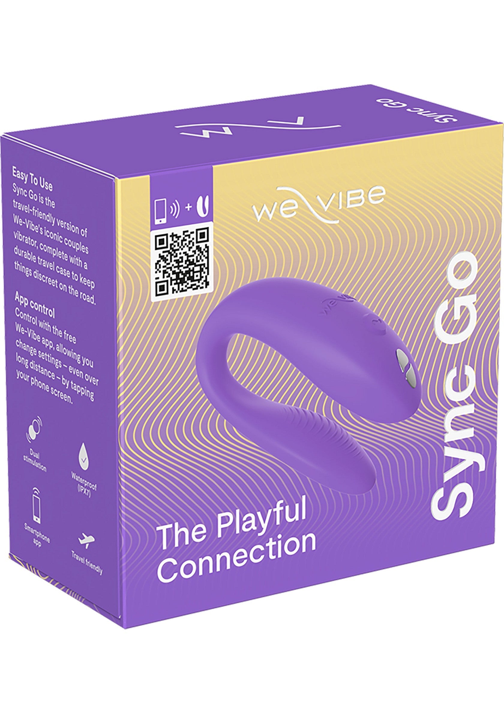 Boîte du We-Vibe Sync Go violet, un vibromasseur de couple connecté et facile à utiliser pour des moments intimes en voyage.; Doos van de We-Vibe Sync Go in paars, een verbonden en gemakkelijk te gebruiken koppelvibrator voor intieme momenten op reis.; Box of the We-Vibe Sync Go in purple, a connected and easy-to-use couples vibrator for intimate moments on the go.