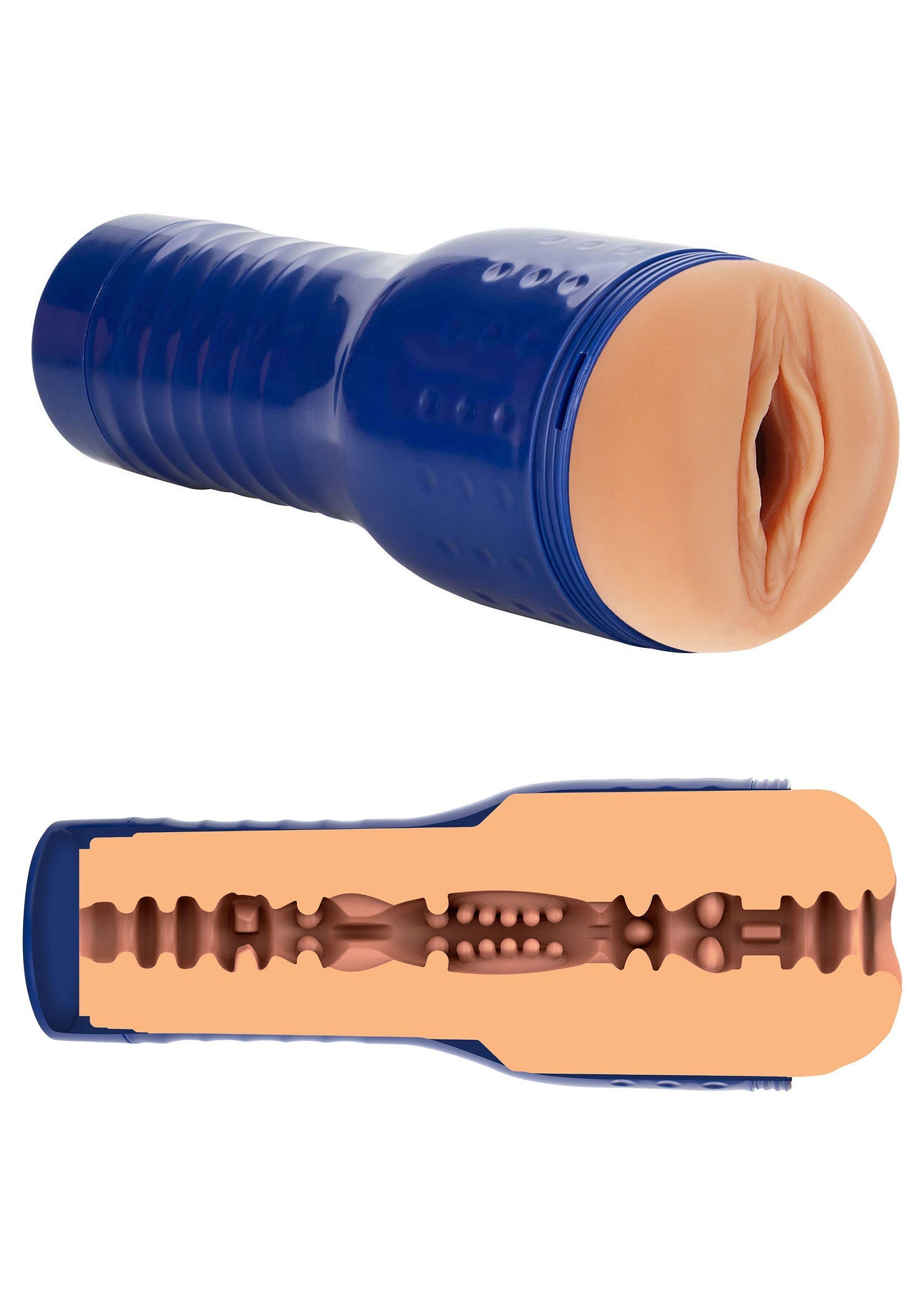 Manchon de plaisir texturé en bleu et chair pour des sensations intenses.; Getextureerde plezierhuls in blauw en huidskleur voor intense sensaties.; Textured pleasure sleeve in blue and flesh tones for intense sensations.