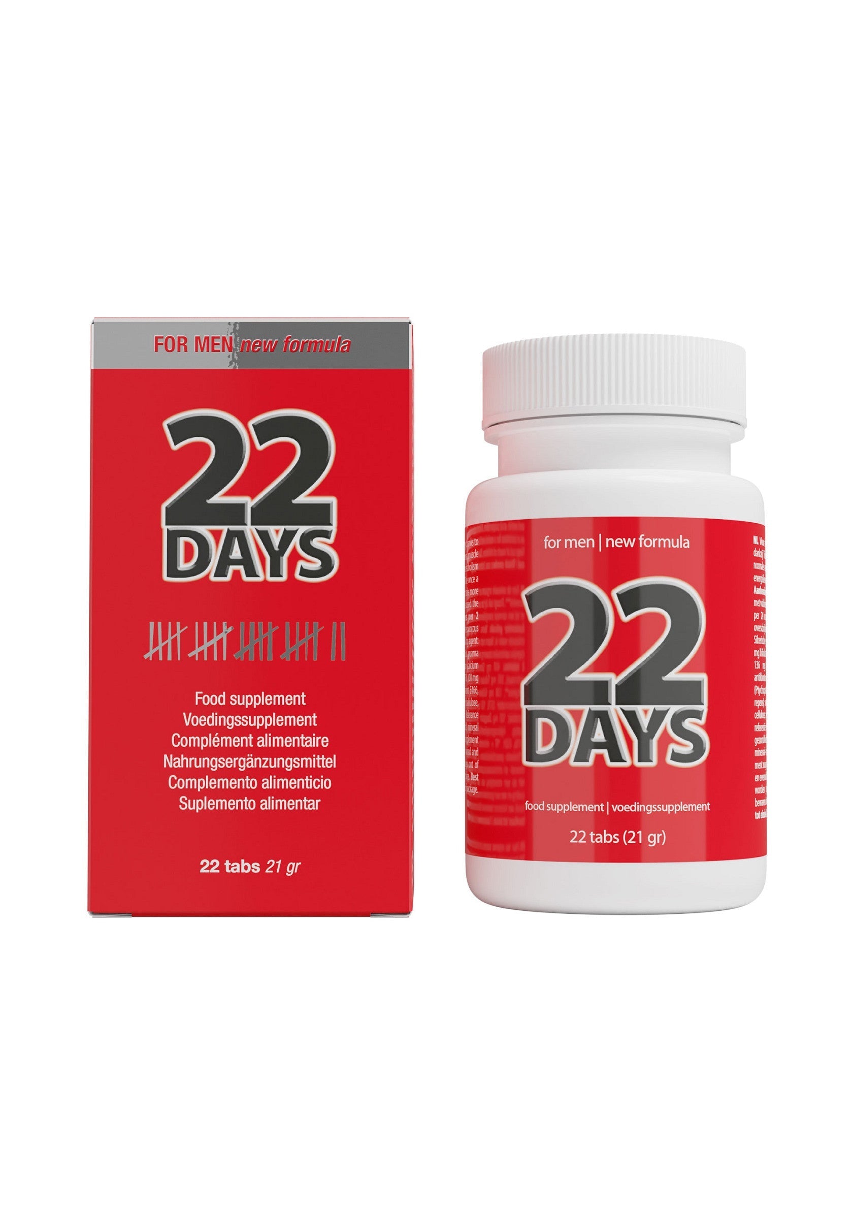 Complément alimentaire 22 Days pour hommes. Nouvelle formule pour une cure de 22 jours.; 22 Days voedingssupplement voor mannen. Nieuwe formule voor een kuur van 22 dagen.; 22 Days food supplement for men. New formula for a 22 day treatment.  