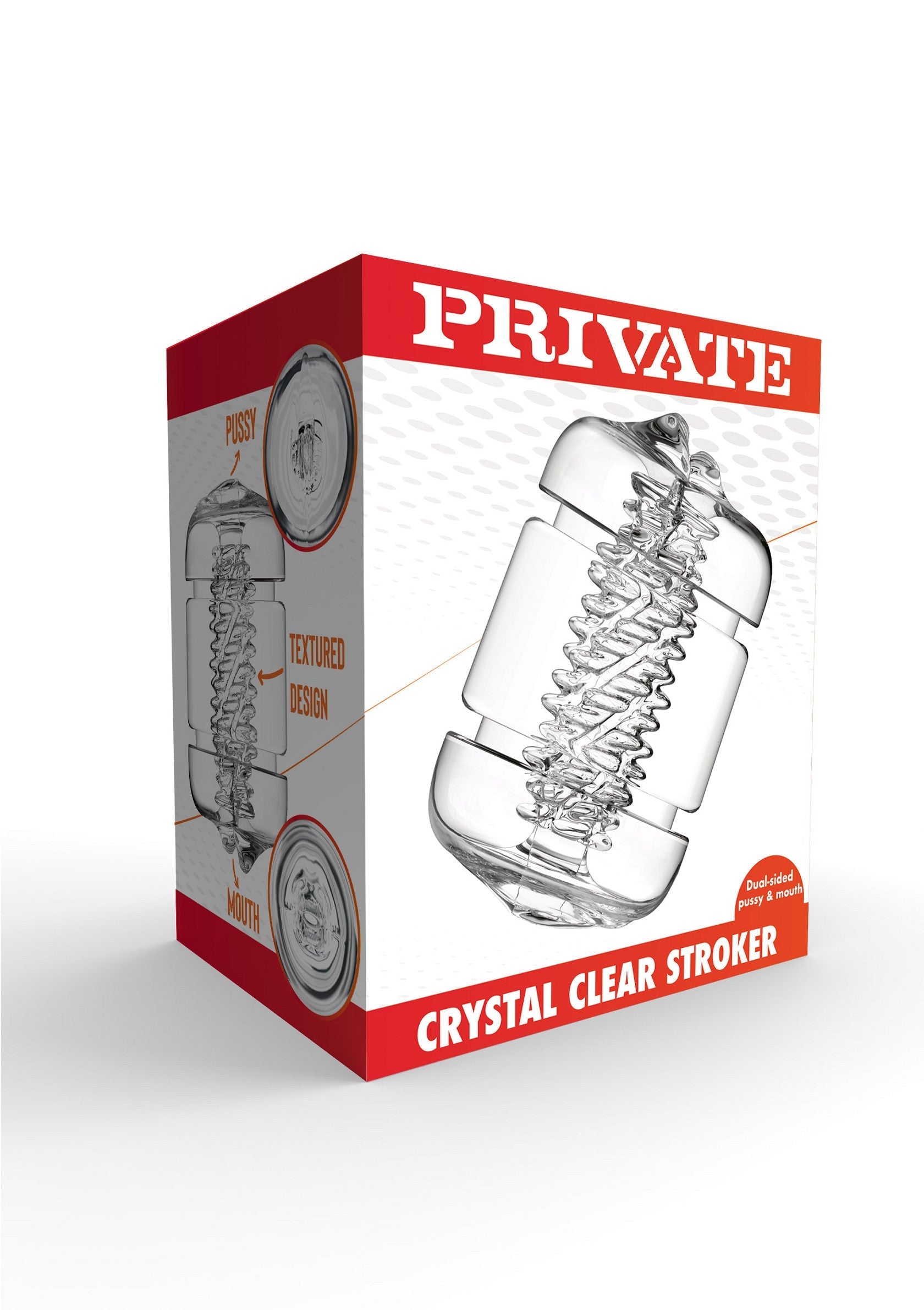 Private Crystal Clear Stroker : plaisir intense avec un design transparent et texturé pour une expérience unique.; Private Crystal Clear Stroker: intens genot met een transparant en getextureerd ontwerp voor een unieke ervaring.; Private Crystal Clear Stroker: intense pleasure with a transparent, textured design for a unique experience.