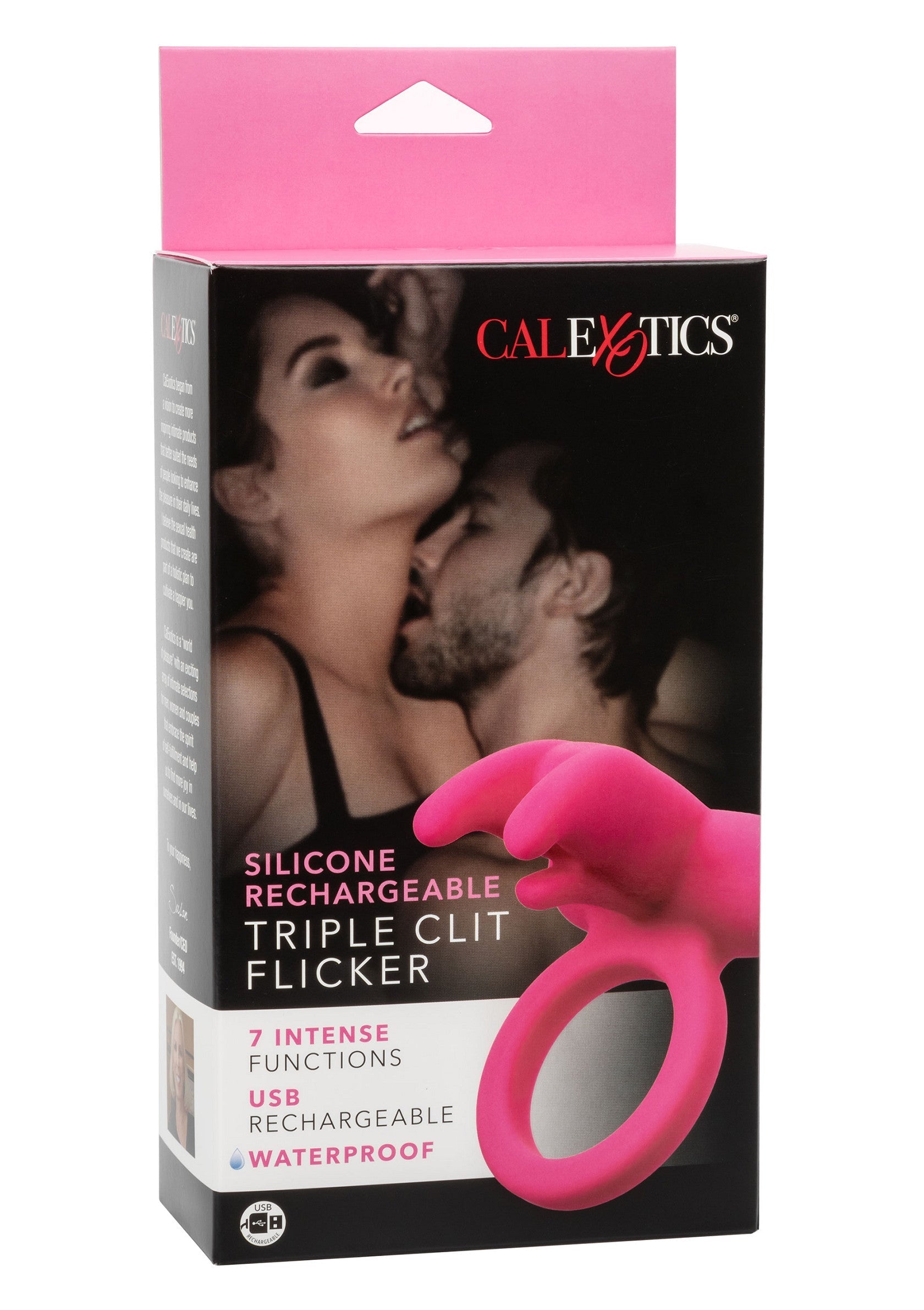 CalExotics Silicone Rechargeable Triple Clit Flicker : jouet sexuel vibrant en silicone rechargeable pour le plaisir féminin.; CalExotics Silicone Oplaadbare Triple Clit Flicker: vibrerend, oplaadbaar siliconen seksspeeltje voor vrouwelijk genot.; CalExotics Silicone Rechargeable Triple Clit Flicker: vibrating, rechargeable silicone sex toy for female pleasure.