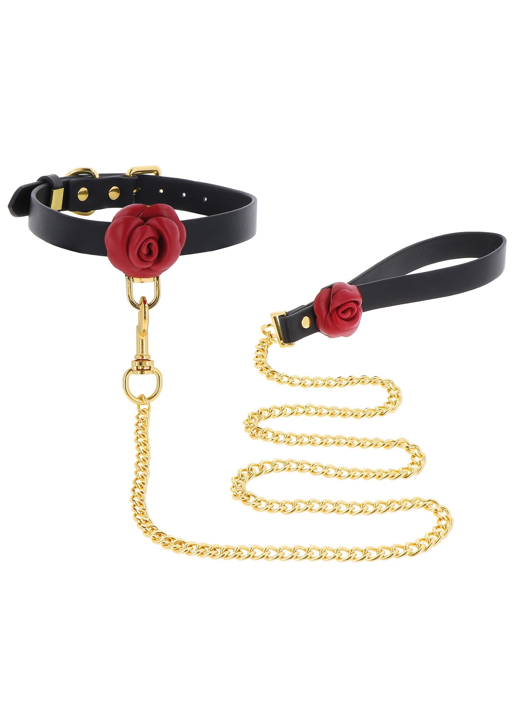 Collier et laisse pour animaux de compagnie avec rose rouge et chaîne dorée.; Huisdierhalsband en -riem met rode roos en gouden ketting.; Pet collar and leash set featuring red rose and gold chain.