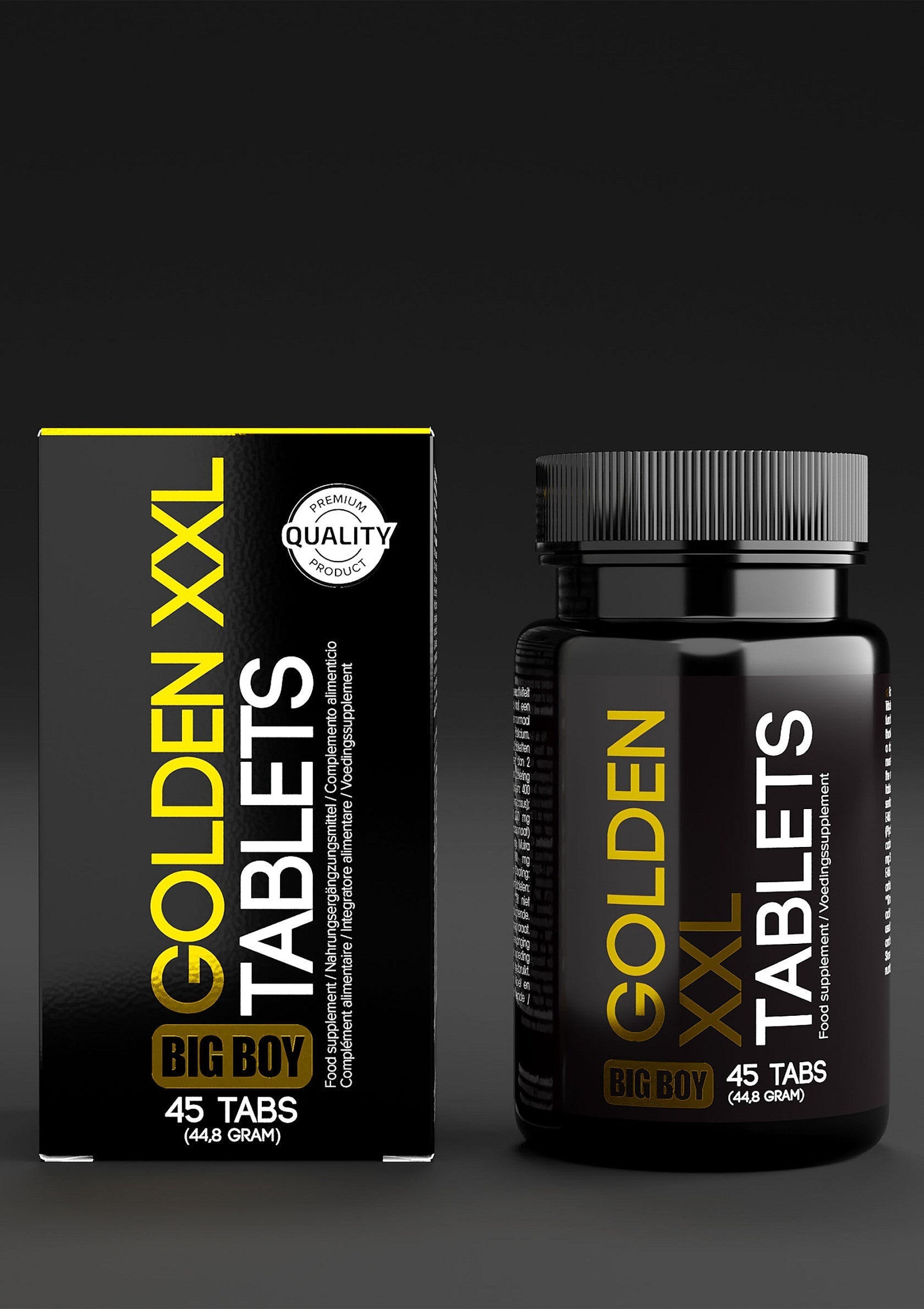 Golden XXL comprimés Big Boy. Complément alimentaire en boite et bouteille noire. 45 comprimés.; Golden XXL tabletten Big Boy. Voedingssupplement in zwarte doos en fles. 45 tabletten.; Golden XXL Tablets Big Boy. Food supplement in black box and bottle. 45 tabs.