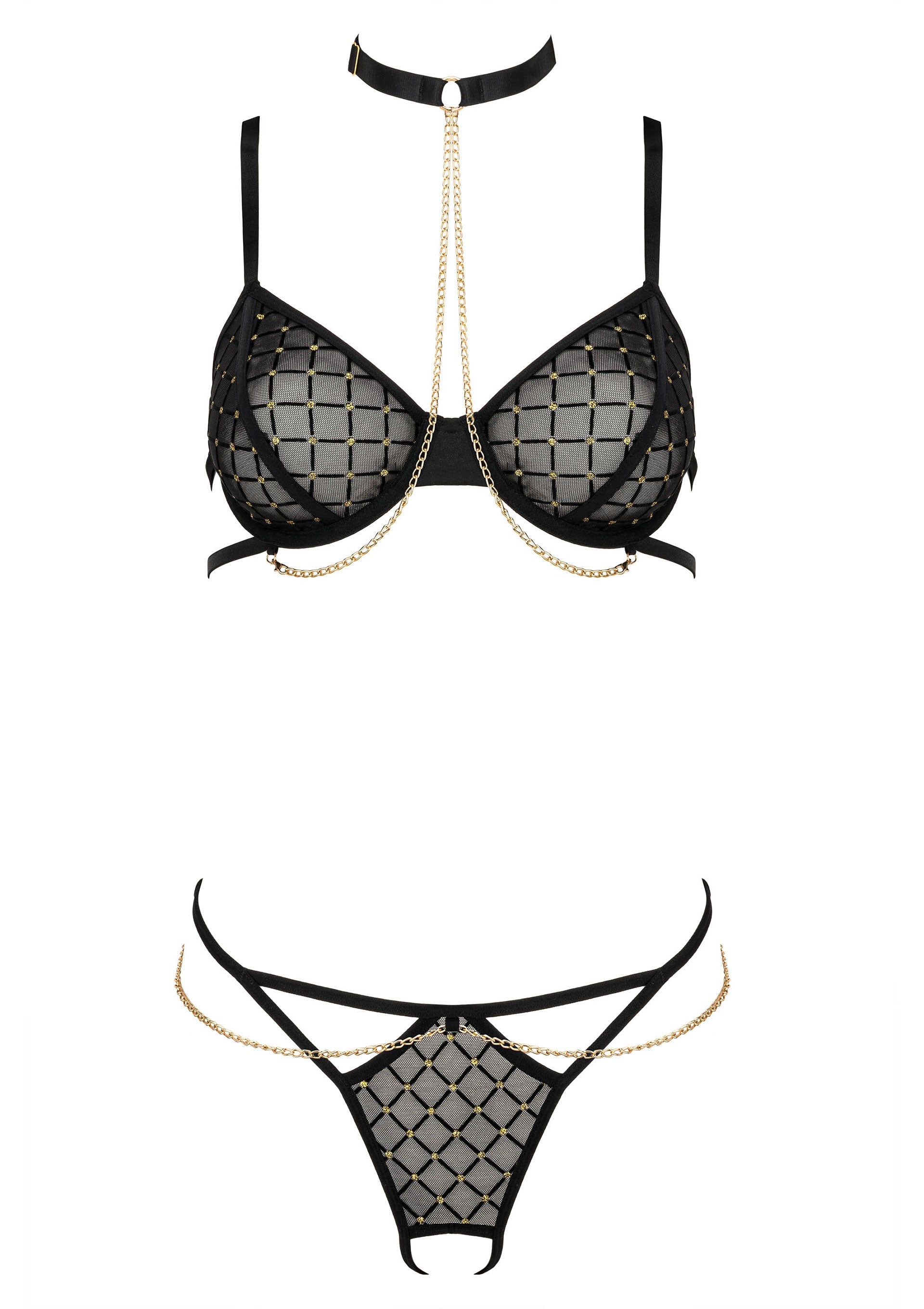 Ensemble de lingerie noir avec soutien-gorge à col et culotte string à chaînes dorées pour une touche glamour et sensuelle.; Zwarte lingerie set met choker-bh en string slip met gouden kettingen voor een glamoureuze en sensuele look.; Black lingerie set with choker bra & thong with gold chains for a glamorous, sensual look.