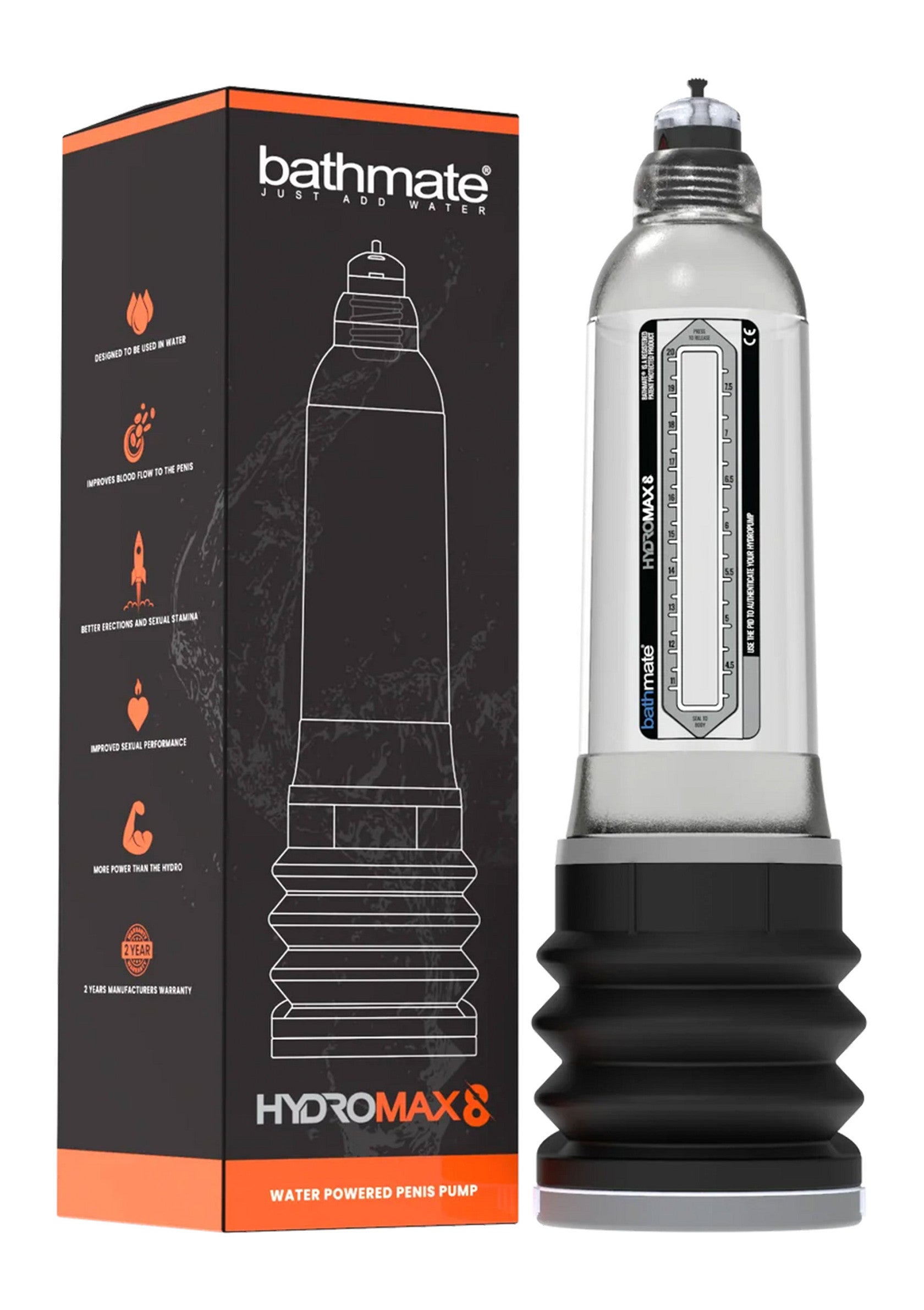 Bathmate Hydromax 8 : pompe pénienne à eau pour une performance améliorée et une confiance accrue. Découvrez les résultats impressionnants.; Bathmate Hydromax 8: water aangedreven penis pomp voor verbeterde prestaties en meer zelfvertrouwen. Ontdek indrukwekkende resultaten.; Bathmate Hydromax 8: water-powered penis pump for enhanced performance & confidence. Discover impressive results. Shop now!