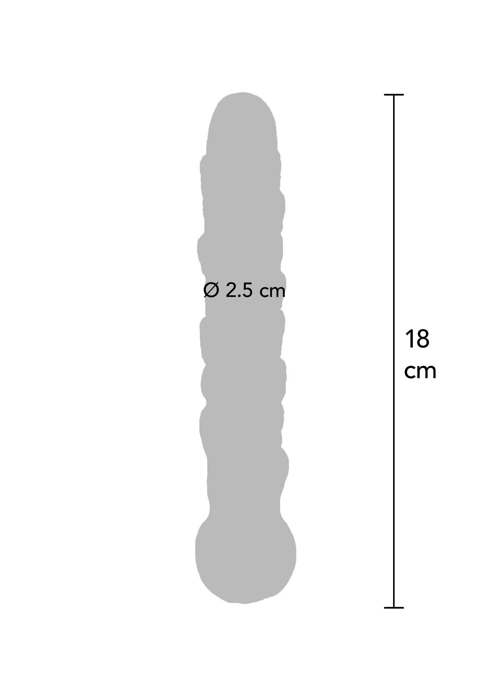 Image de dimensions d'un gode texturé : 18 cm de long et 2,5 cm de diamètre.; Afbeelding van de afmetingen van een getextureerde dildo: 18 cm lang en 2,5 cm in diameter.; Image of a textured dildo dimensions: 18 cm long and 2.5 cm in diameter.