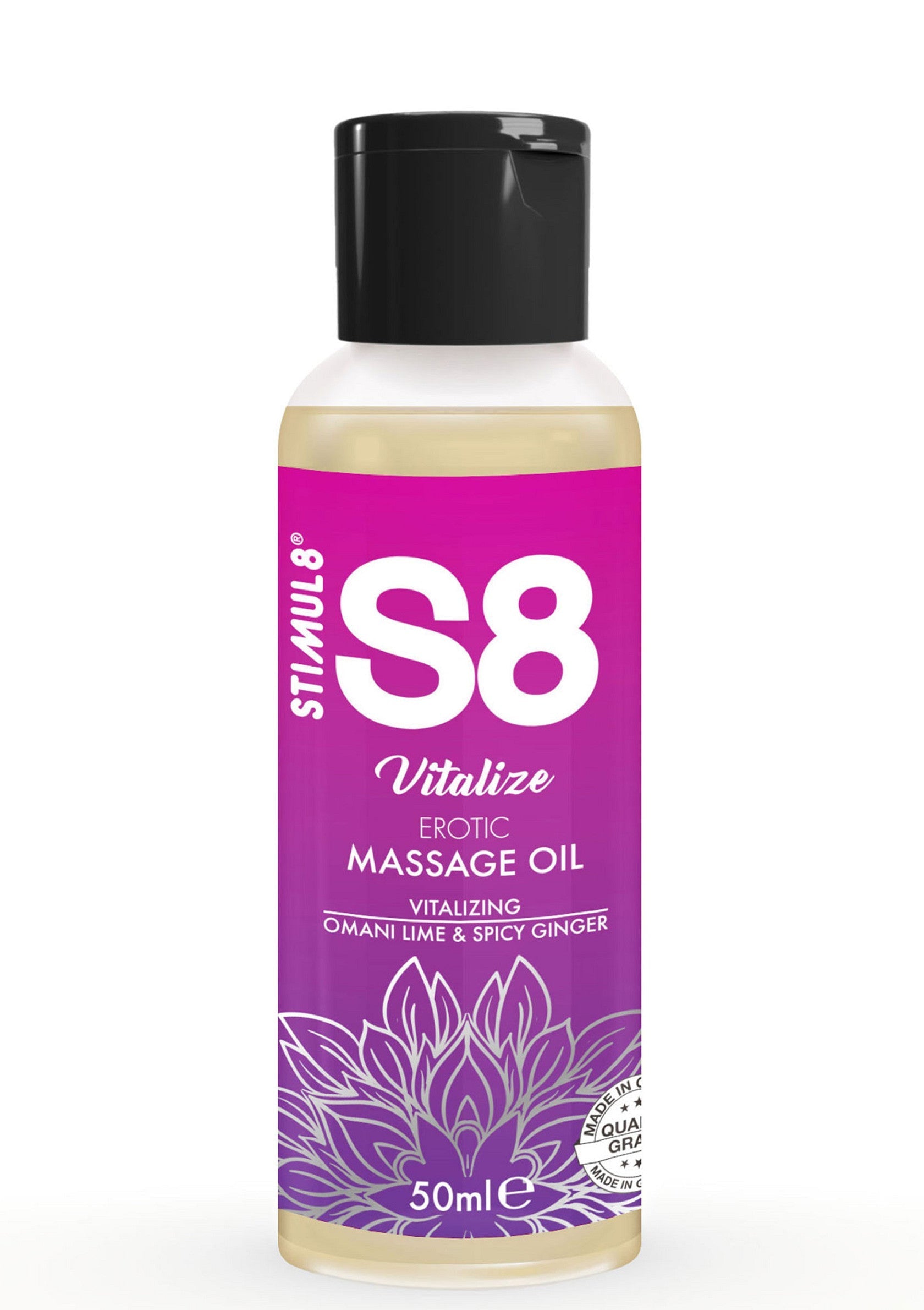 Huile de massage érotique S8 Vitalize Stimul8. Parfum lime d'Oman et gingembre épicé. 50ml.; Stimul8 S8 Vitalize erotische massageolie. Met Omaanse limoen en pittige gember. 50ml.; Stimul8 S8 Vitalize erotic massage oil. With Omani lime & spicy ginger scent. 50ml.