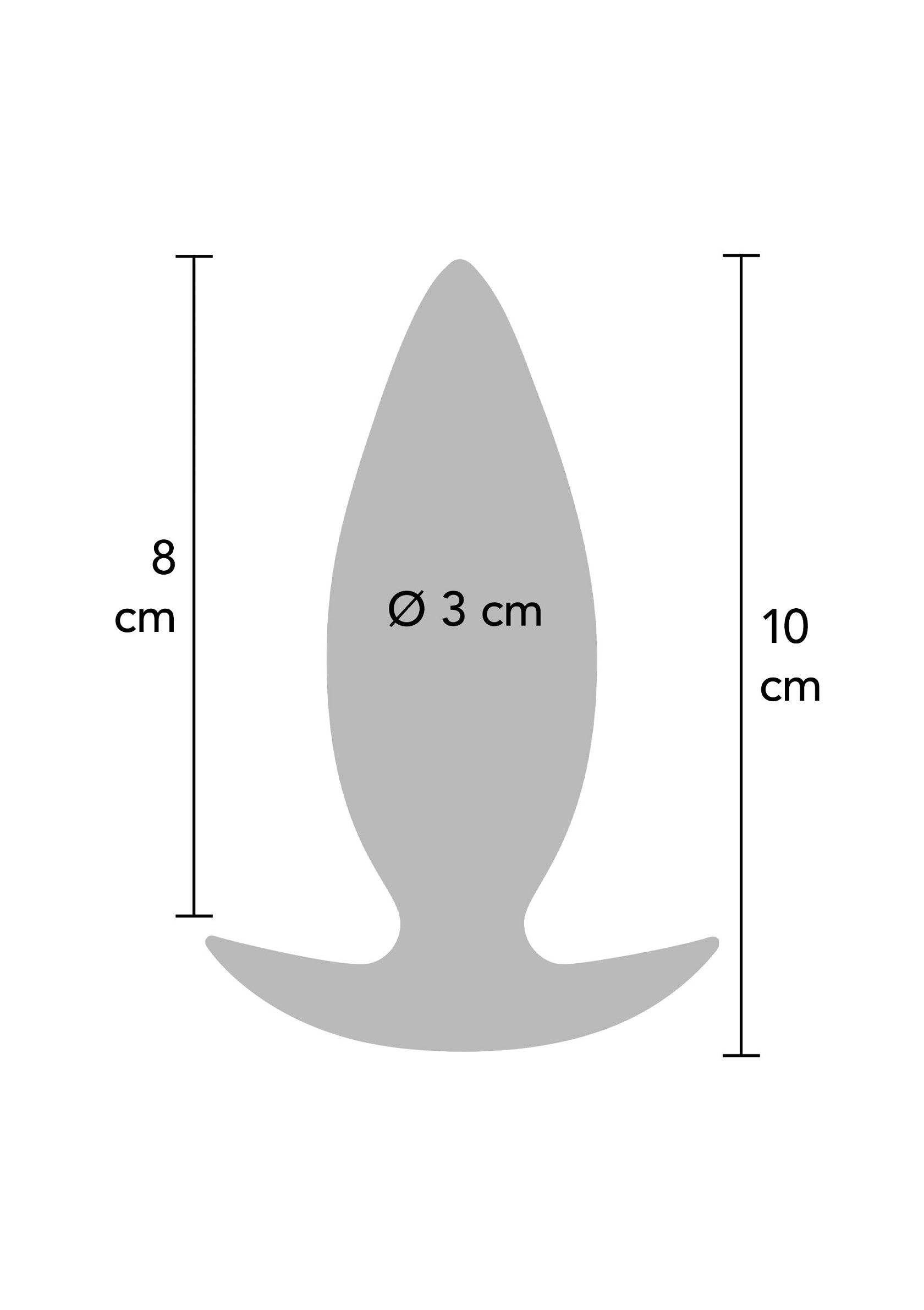 Plug anal avec mesures (diamètre 3 cm, longueurs 8 et 10 cm) pour le plaisir et la stimulation.; Anale plug met afmetingen (diameter 3 cm, lengtes 8 en 10 cm) voor plezier en stimulatie.; Anal plug with measurements (3cm diameter, 8 and 10cm length) for pleasure and stimulation.