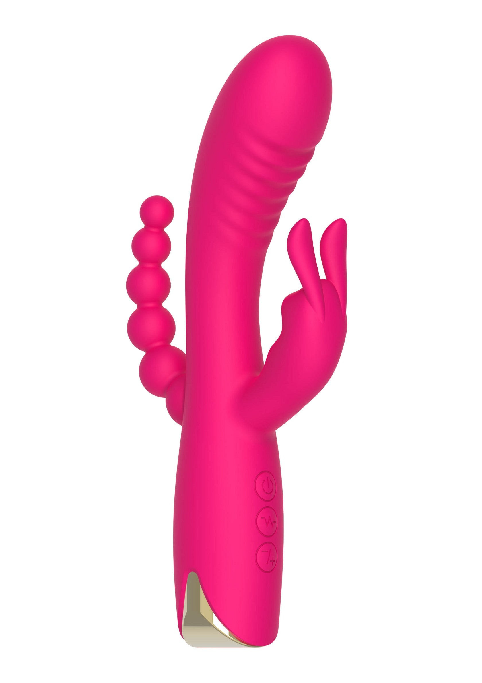 Vibromasseur rose vibrant avec stimulateur clitoridien en forme de lapin pour un plaisir intense.; Vibrerende roze vibrator met konijnenvormige clitorisstimulator voor intens plezier.; Vibrating pink vibrator with rabbit-shaped clitoral stimulator for intense pleasure.