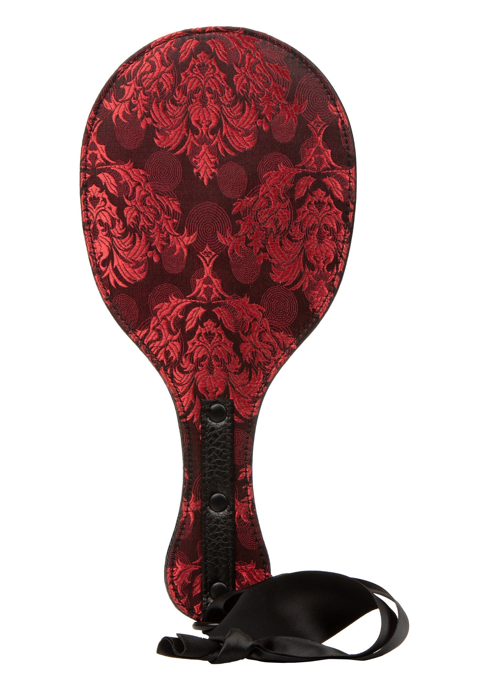 Palette de fessée rouge et noire avec motif damassé pour le plaisir et les jeux coquins.; Rode en zwarte paddle met damastpatroon voor plezier en ondeugende spelletjes.; Red & black spanking paddle with damask pattern for pleasure and kinky games.